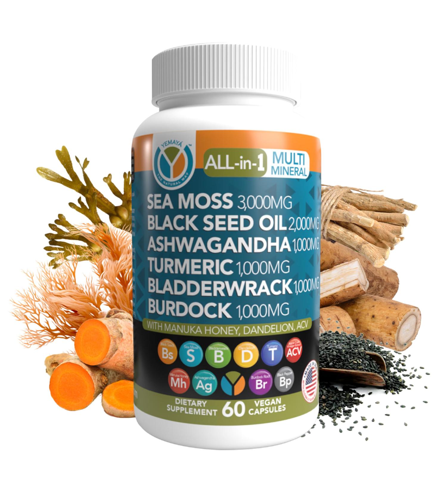 Yemay The Natural Way All-in-1 Multi Mineral Sea Moss Raw Organic Supplement with Organic Seamoss Black Seed Oil Ashwagandha Burdock Root Turmeric Vitamin C & More 60 Vegan Capsules - Buy Online on GoSupps.com