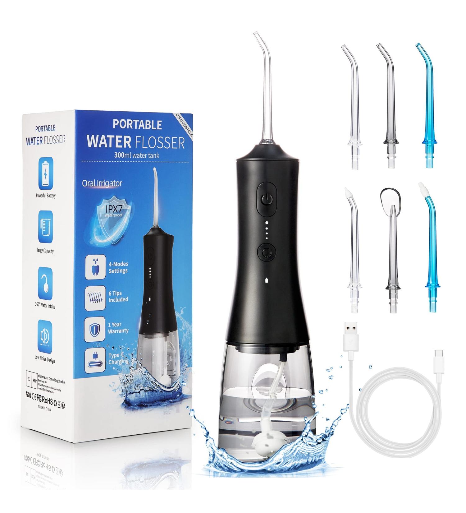 Wireless Electric Mouth Shower - 4 Modes 6 Nozzles USB Charging 300ml Oral Irrigator IPX7 Waterproof Tooth Cleaner - Black - Buy Online on GoSupps.com