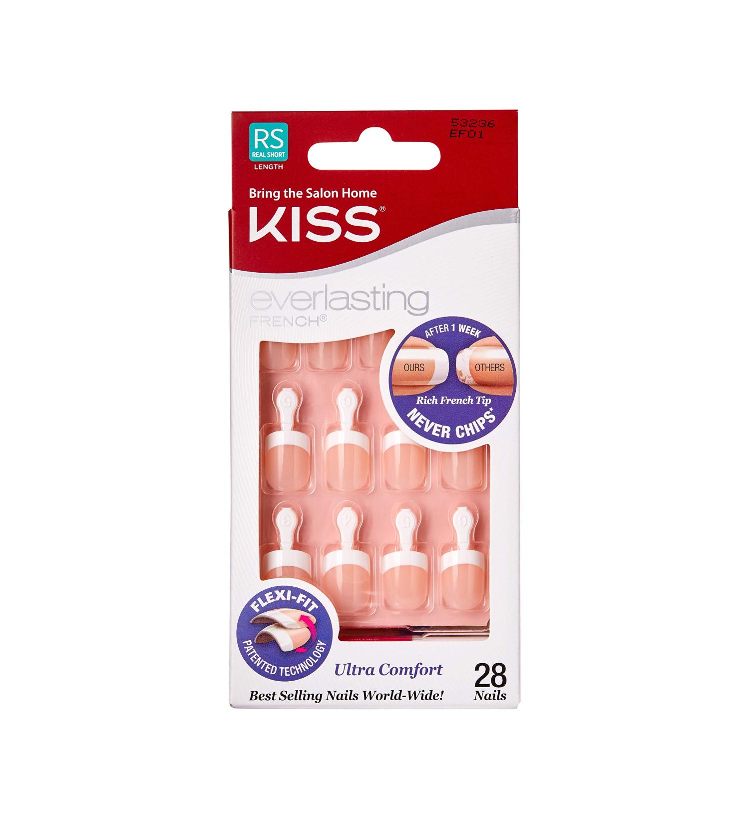 Kiss Everlasting French Nail Manicure Kit | Chip-Free Flexi-Fit Technology | Real Short Endless Nails with Pink Glue - 28 Fake Nails, Mini File, Manicure Stick | 2g / 0.07oz - Buy Online on GoSupps.com