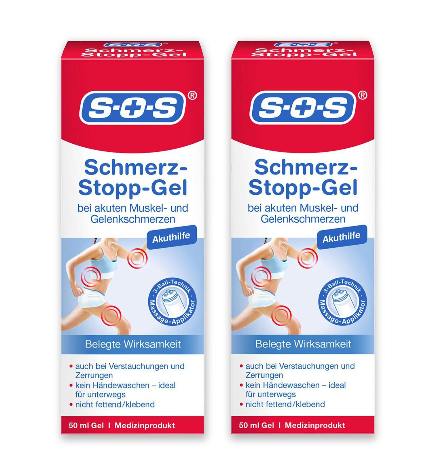 SOS Pain-Stop Gel 2-Pack | Fast Relief for Muscle & Joint Pain | Massage Applicator & Cold-Warm Effect - Buy Online on GoSupps.com