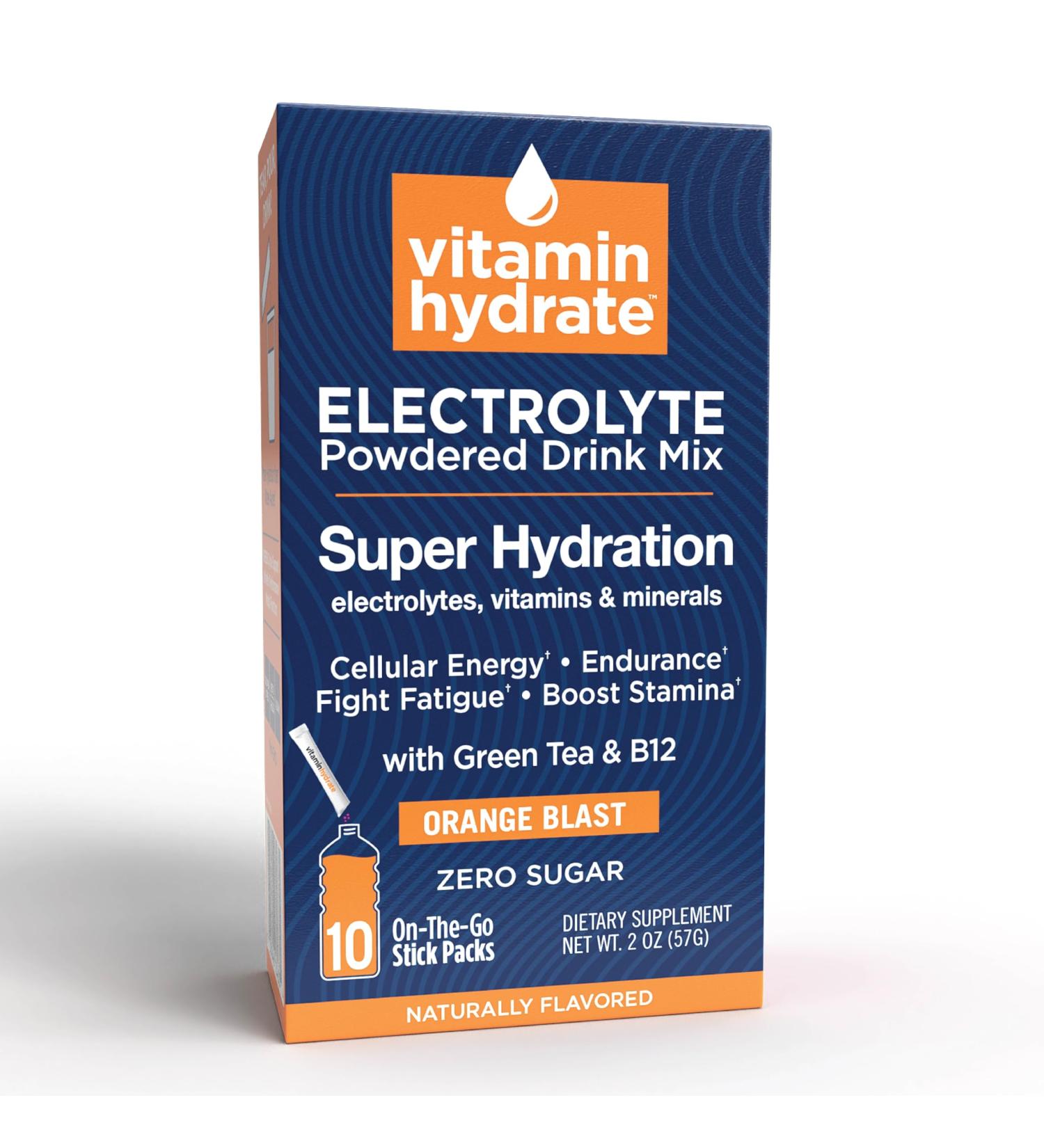 Vitamin Hydrate Electrolyte Drink Mix - Super Hydration Boost Stamina & Fight Fatigue 0 Sugar Orange Blast - 10 Stick Packs - Buy Online on GoSupps.com