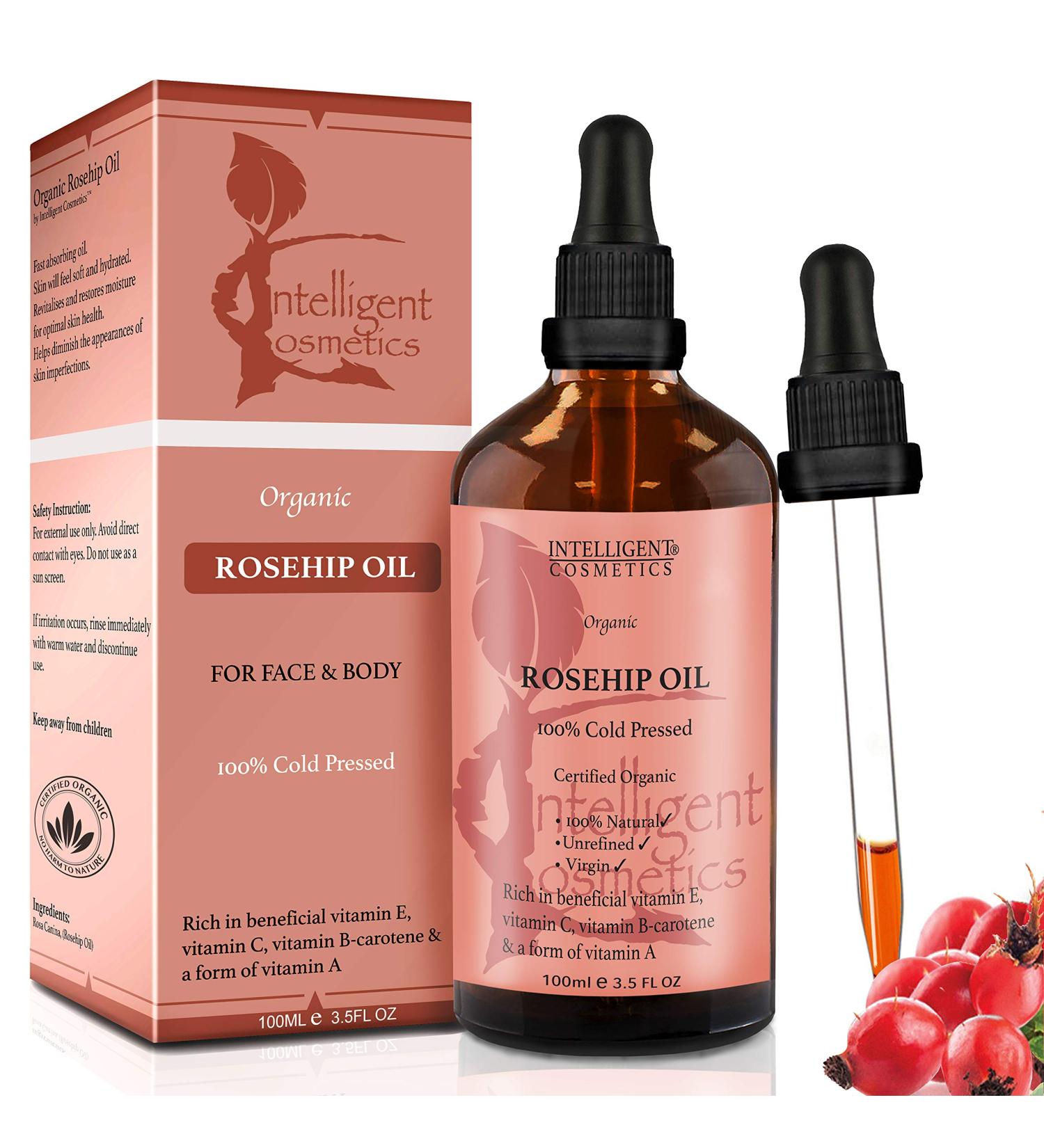 Rosehip Oil 100% Cold Pressed Pure Certified Organic Oil 100ml Best Known Facial Oil with Vitamin E Vitamin C B-carotene and a Form of Vitamin A - Buy Online on GoSupps.com