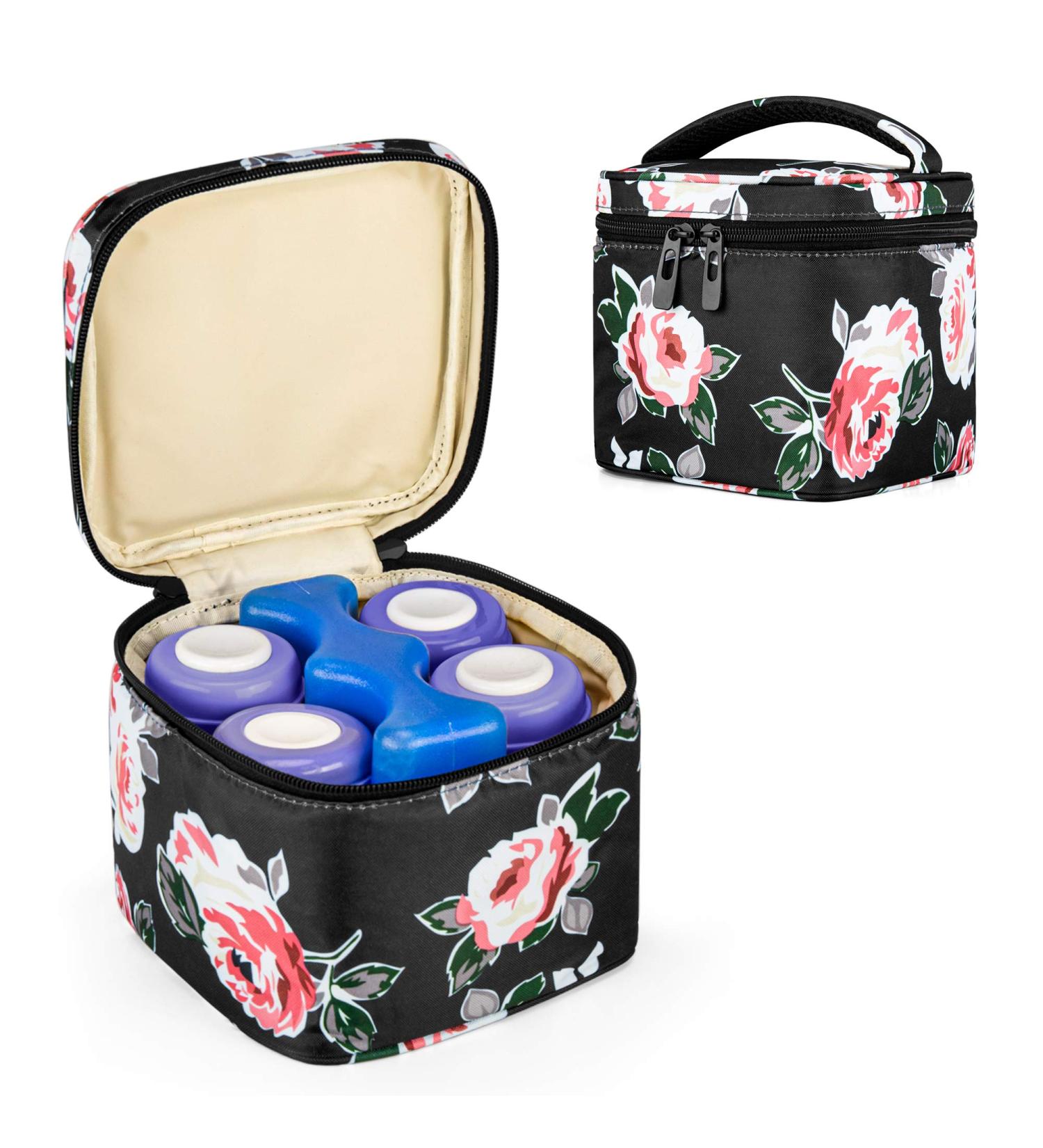 CURMIO Insulated Breastmilk Cooler Bag for Four 5 oz Bottles - Ideal for Daycare, Travel & Nursing Moms - Black Flowers (Bag Only) - Buy Online on GoSupps.com