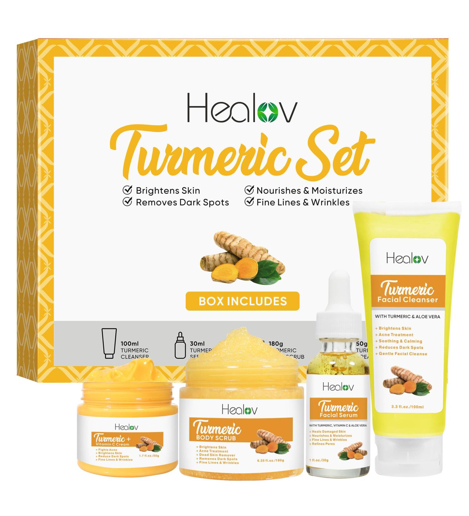 Turmeric Skincare Set | Brightening & Acne Solutions | Cleanser Body Scrub Face Cream & Serum - Buy Online on GoSupps.com