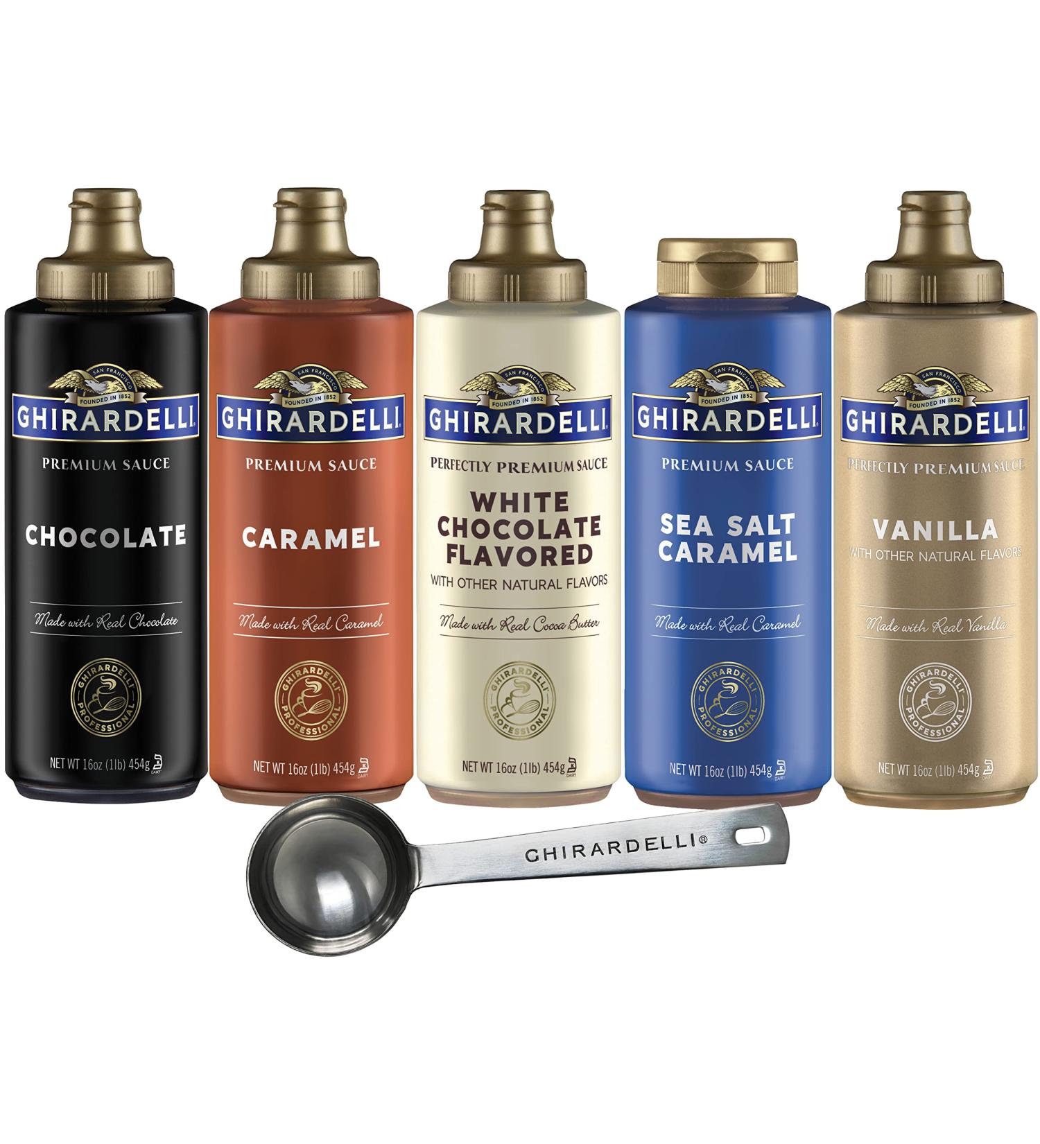 Ghirardelli Flavored Sauce Set - 16oz Black Label, Vanilla, White, 17oz Caramel, Sea Salt Caramel + Barista Spoon - Buy Online on GoSupps.com