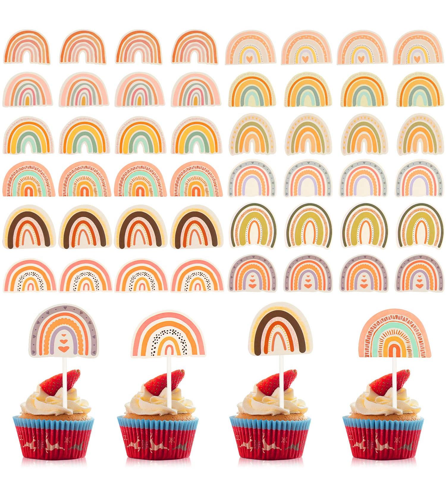 48 Pieces Boho Rainbow Cake Topper Boho Cupcake Topper Bohemian Theme Rainbow Cupcake Toppers for Girls Baby Shower Birthday Boho Rainbow Party Decoration Supplies - Buy Online on GoSupps.com