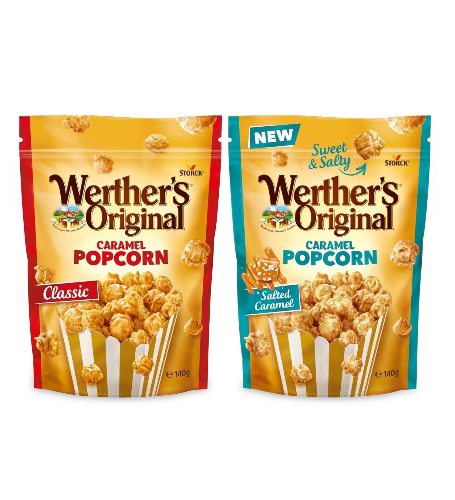 Werther's Original Popcorn Caramel - Pack de 2 (2x140g) - 1x Cr meux & 1x Sal - Pop corn croustillant enrob de caramel onctueux - Id al partager ou pour une pause gourmande - Buy Online on GoSupps.com