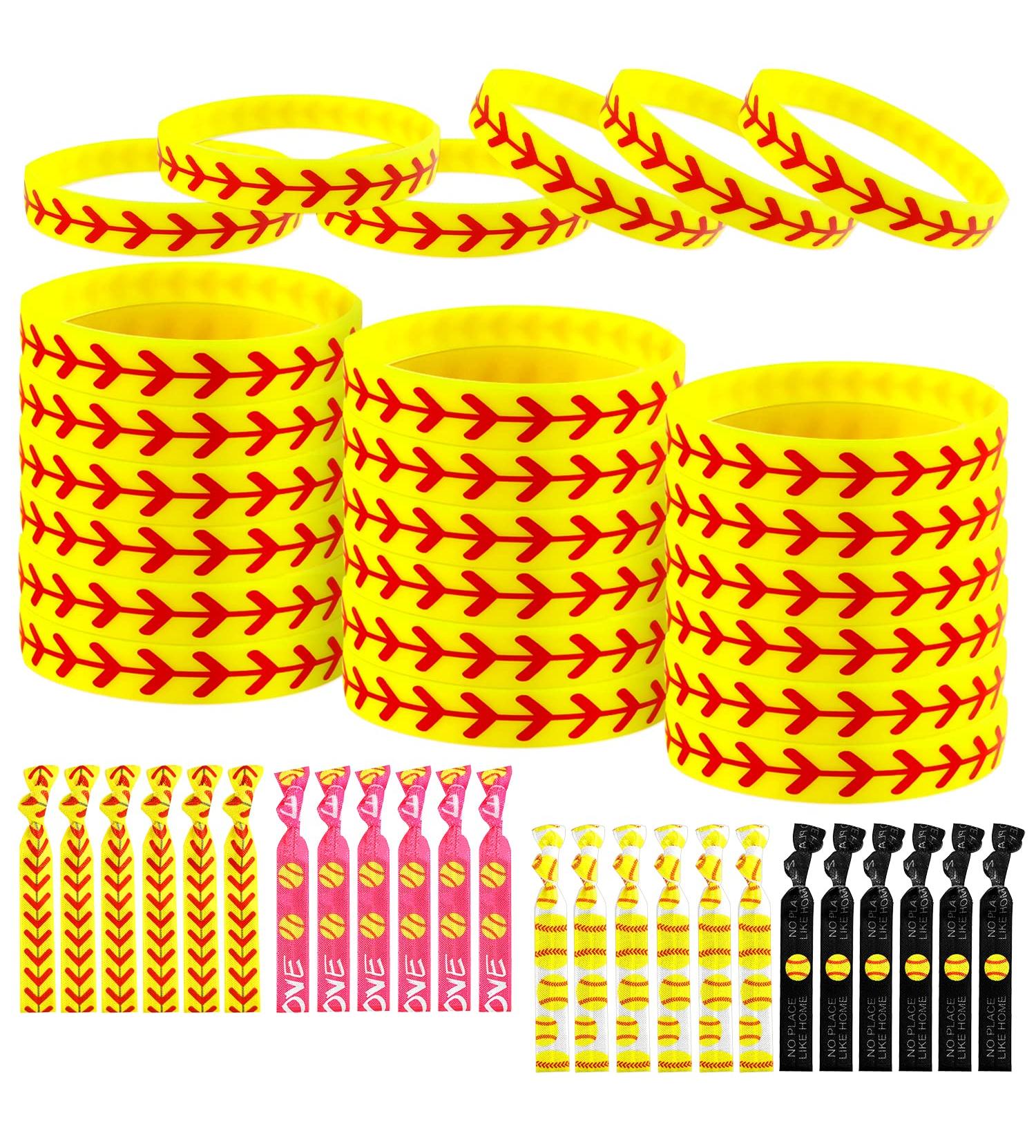 Softball Bracelet Wristband Set with Baseball Hair Ties - 48 Pieces | Multi Color Silicone Bracelet for Girls Softball Baseball Players | Elastic Ribbon Hair Bands for Teams - Buy Online on GoSupps.com