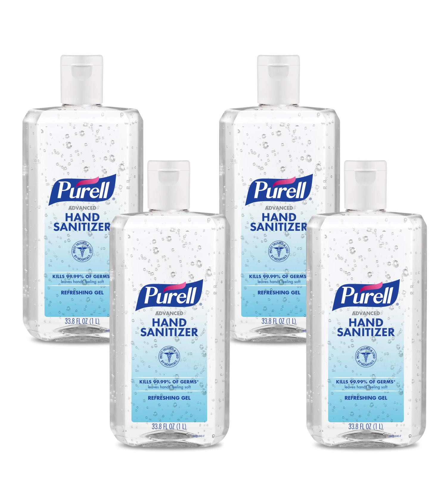 Purell Advanced Hand Sanitizer 1-Liter 4-Pack - 33.8 Fl Oz Gel with Flip-Cap Bottle - 9683-04 Clean - Buy Online on GoSupps.com