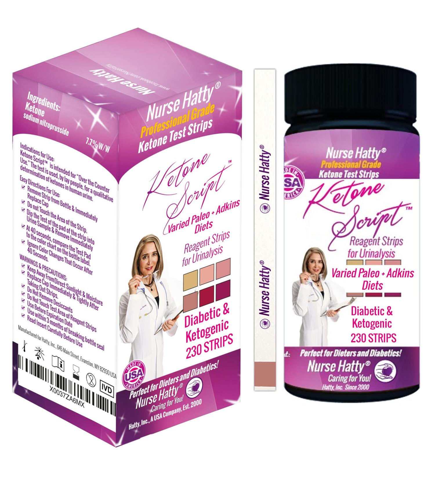 Nurse Hatty 230ct. Ketone Test Strips for Varied Paleo + Adkins Diets - URS-1K - Ketone Script - Long Strips