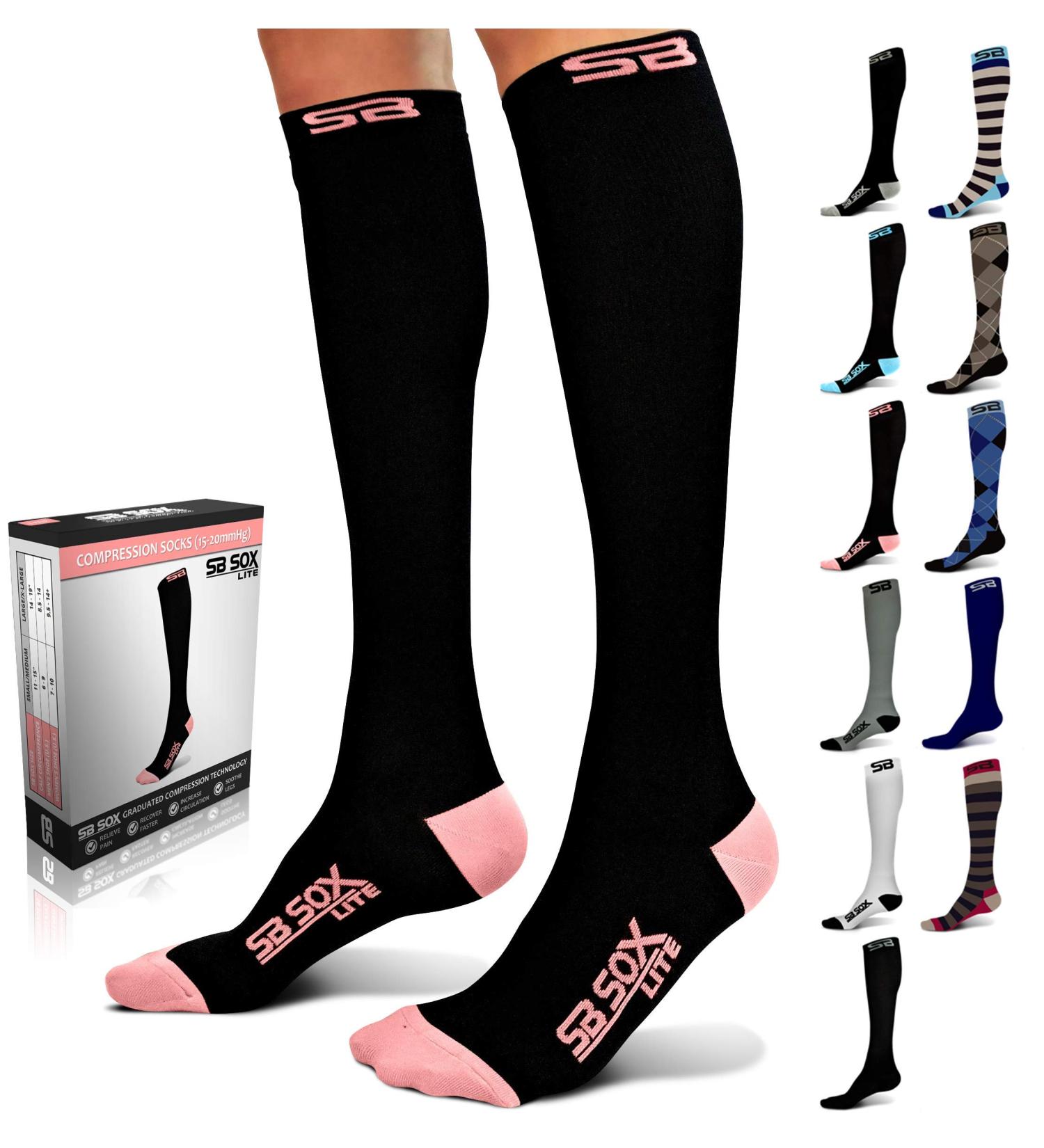 SB SOX LITE Compression Stockings 15-20mmHg for Men & Women | Ideal for Running Sports Travel & Pregnancy - Black/Pink S-M | Best Spring/Summer Stockings - Buy Online on GoSupps.com