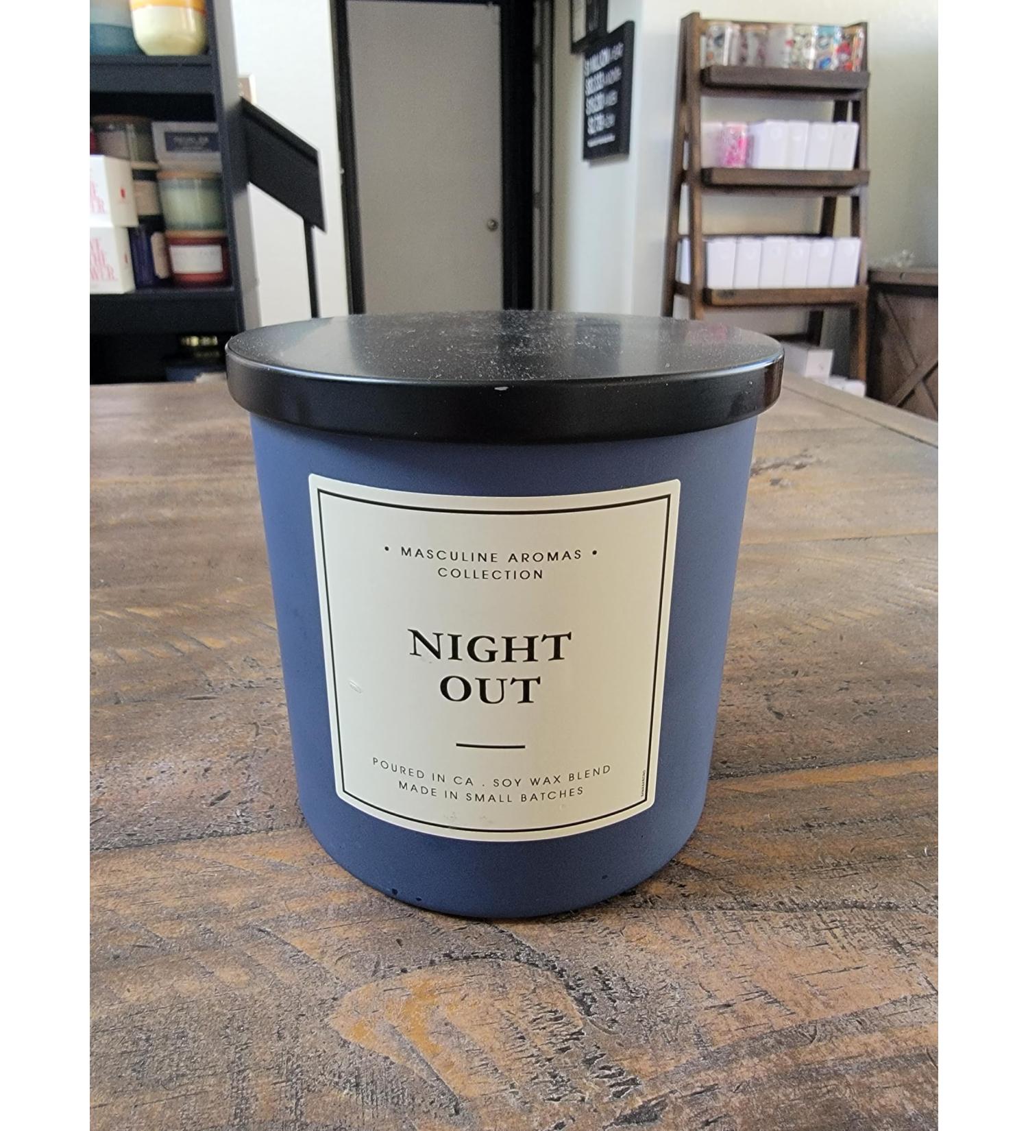 Masculine Aromas Soy Wax Blend Candle Scented Night Out Candle Blue Jar Black Lid 3- Wicks 534624