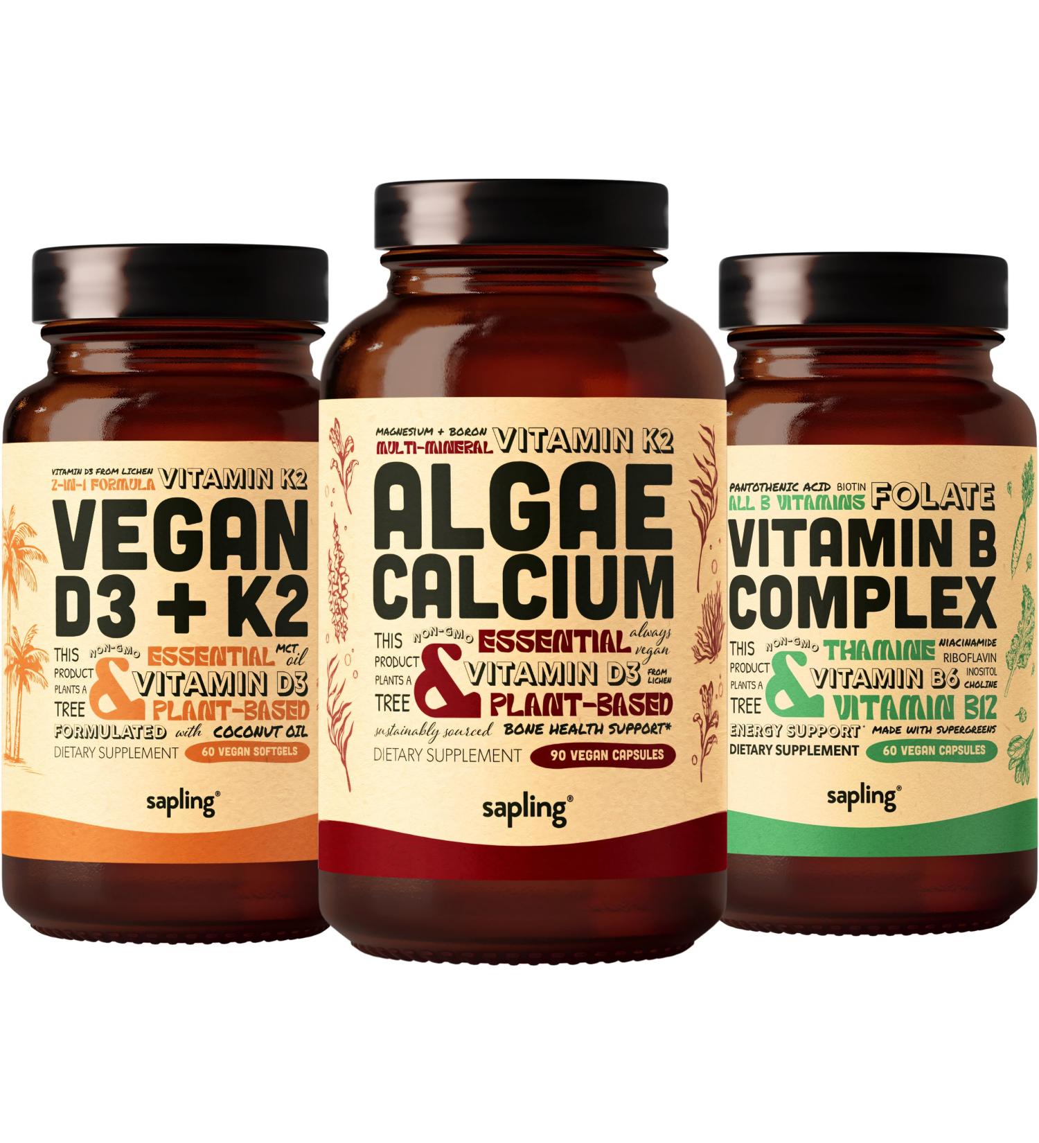 Algae Calcium & Vegan D3 + K2 & Vitamin B Complex Bundle - Calcium Supplement from Red Algae 4000 IU Vitamin D3 and 100mcg Vitamin K2 Essential B Vitamins - Buy Online on GoSupps.com