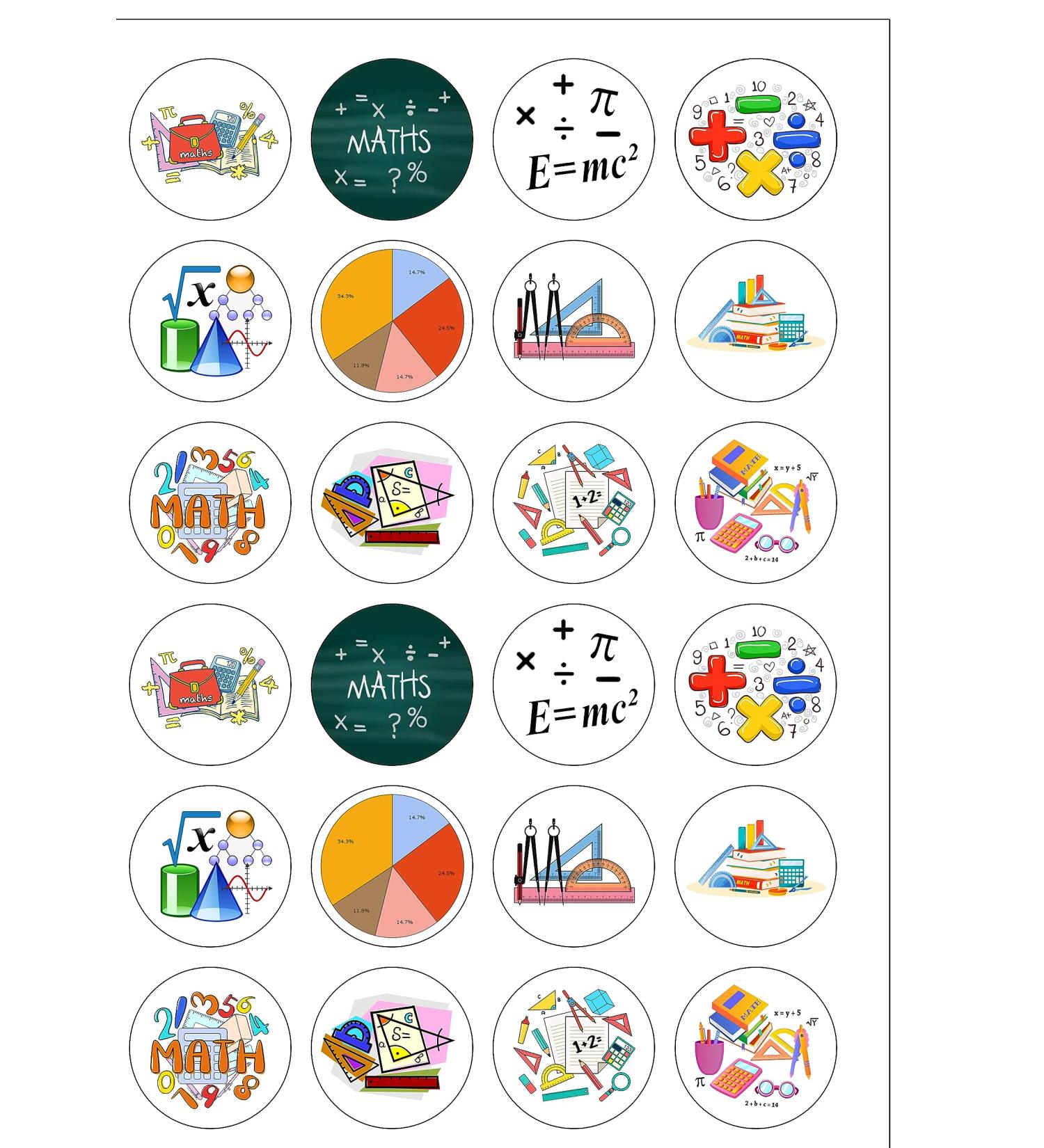 24 Pre-Cut Round Maths Mathamatics School Themed Edible Wafer paper Cake Toppers Decorations