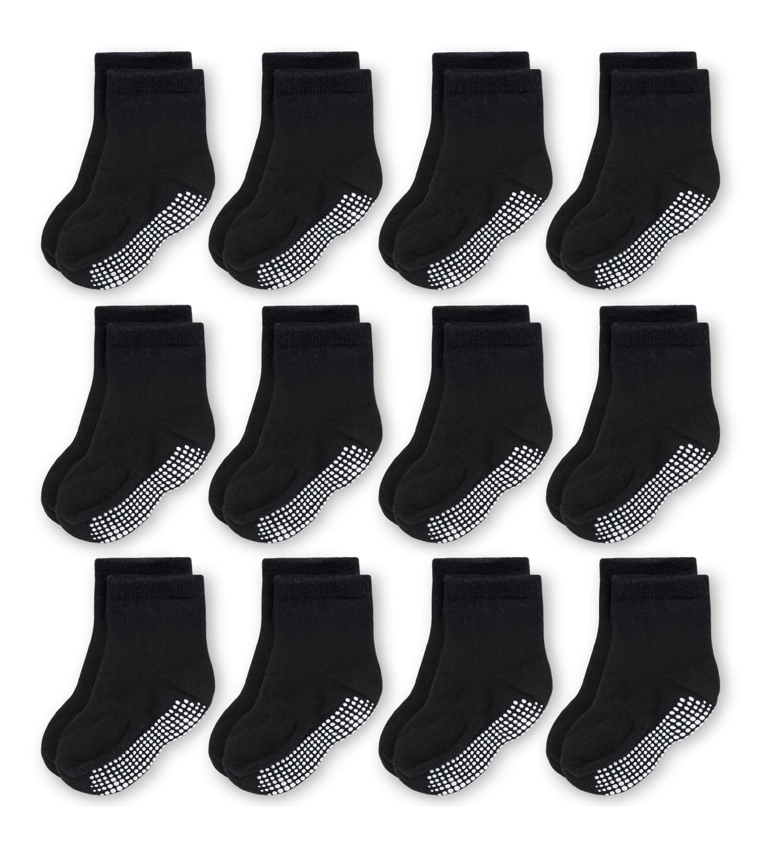 CozyWay Kids Non Slip Cotton Crew Socks - Anti Skid with Grips for Toddlers 1-3 Years - 12 Pairs (Black) - Boys & Girls - Buy Online on GoSupps.com