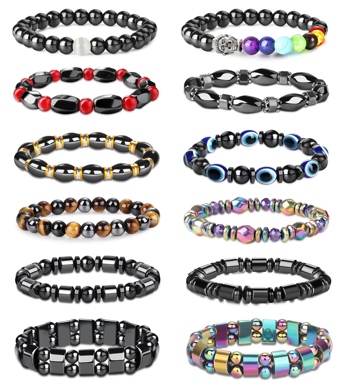 CASSIECA 12Pcs Magnetic Hematite Bracelets for Men Women - Tiger Eye Rainbow Stone Beaded Bracelets for Anxiety Relief - Buy Online on GoSupps.com