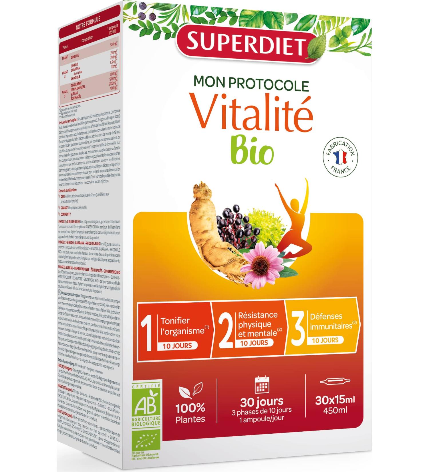 SUPERDIET - BIO VITALITY PROTOCOL - Tone Physical & Mental Resistance Natural Defenses-Made in France - 30 ampoules of 15 ml - Buy Online on GoSupps.com