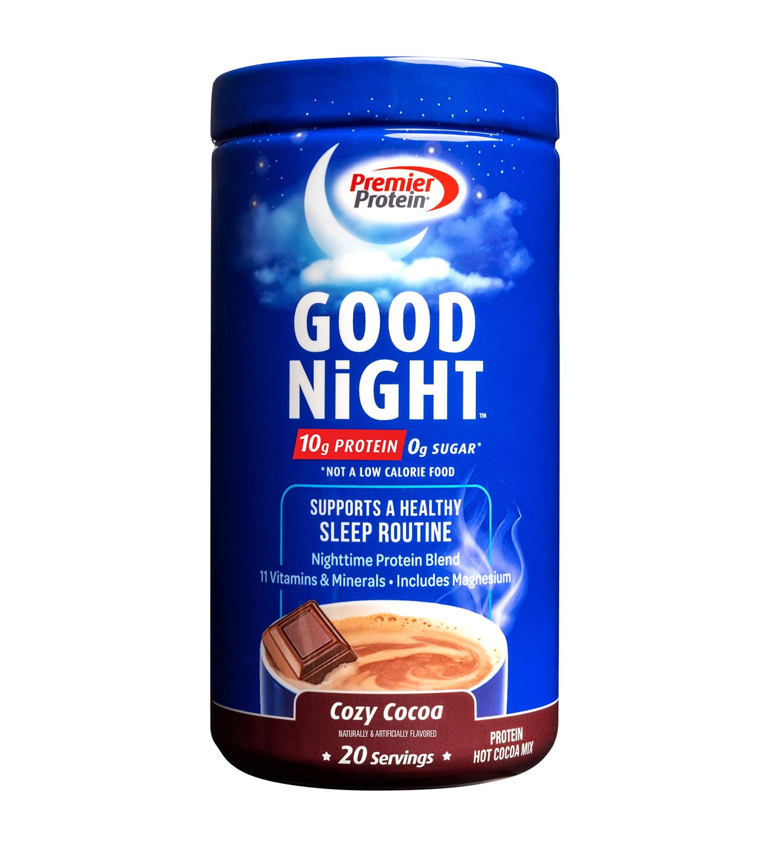 Premier Protein Good Night Hot Cocoa Mix - 10g Protein, 0g Sugar, 11 Vitamins & Minerals - Nighttime Protein Blend with Magnesium & Zinc - 20 Servings - Buy Online on GoSupps.com