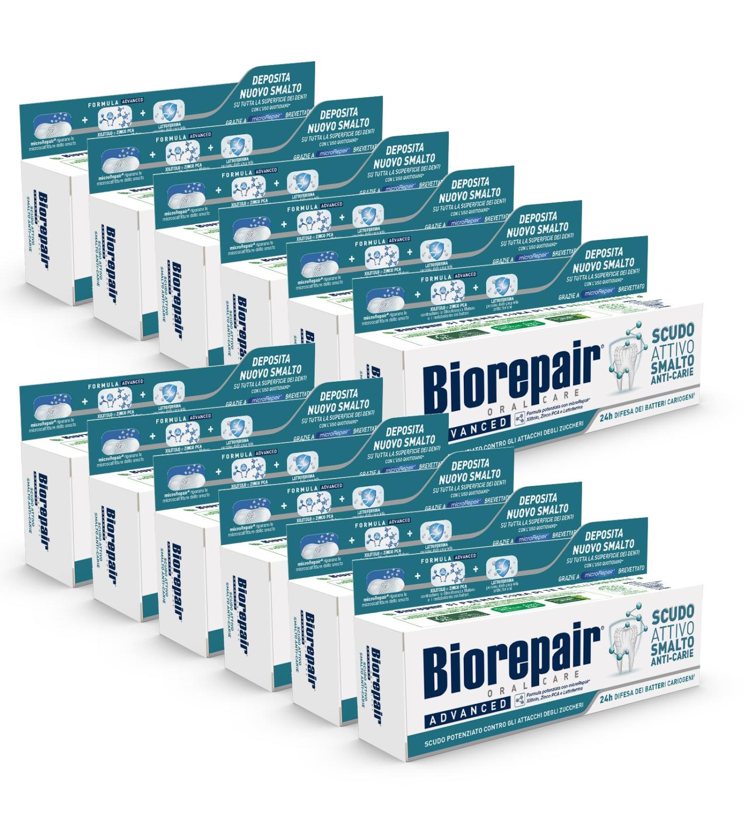Biorepair Biorepair Advanced Toothpaste active anti-cavity shield 12 x 75ml packs anti-cavity and antibacterial fights plaque and cavities protects enamel from bacterial attack