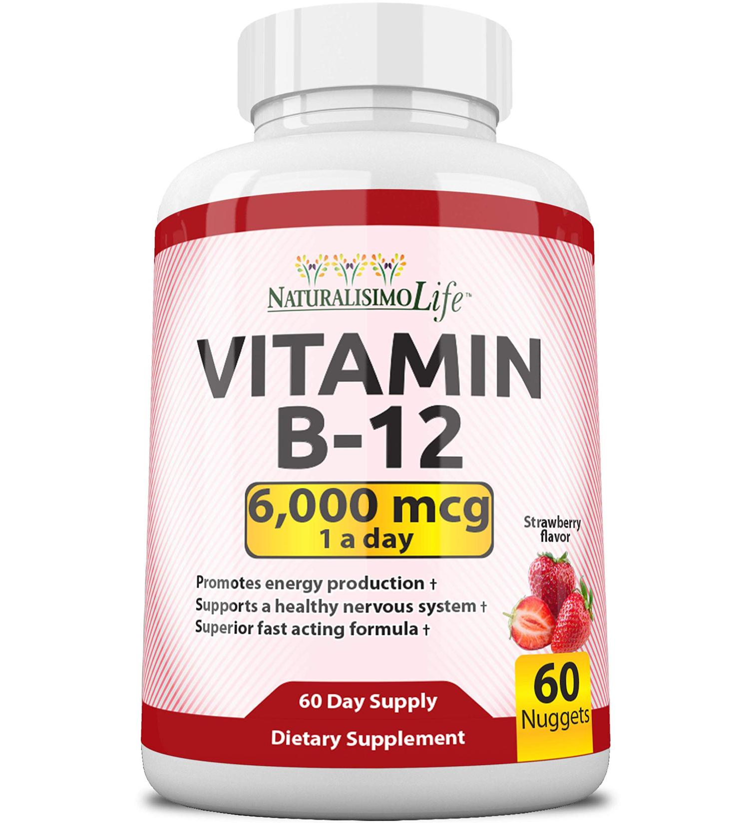 NaturalisimoLife Vitamin B12 6000 mcg Maximum Strength Strawberry Flavor Nuggets - Promotes Energy & Supports Nervous System - 60 Once-a-Day Nuggets - Buy Online on GoSupps.com