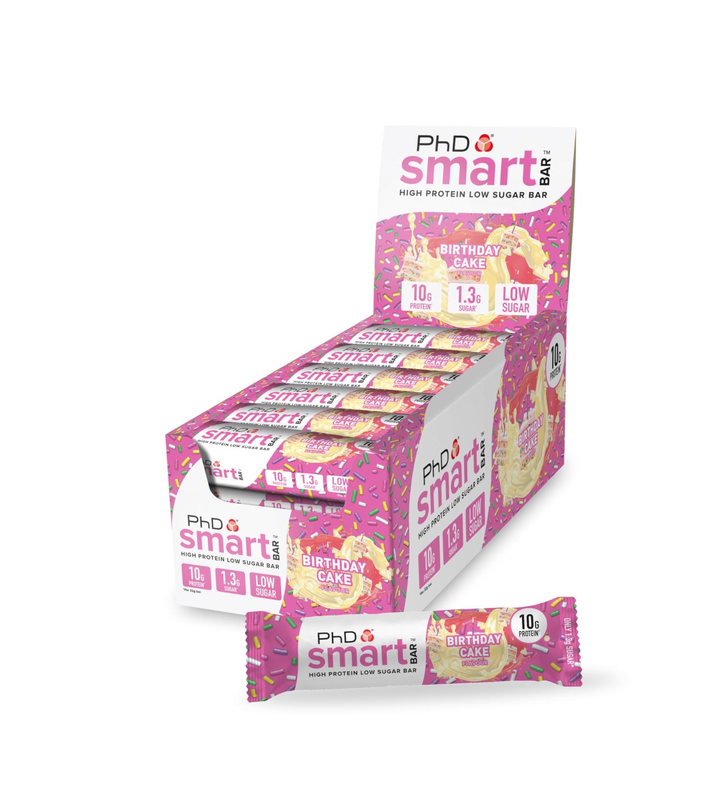 PhD Nutrition Smart Bar Protein Bar 24x32g Birthday Cake - High Protein Snack with 20g Protein and Low Sugar Macro-Friendly Protein Bar - Buy Online on GoSupps.com