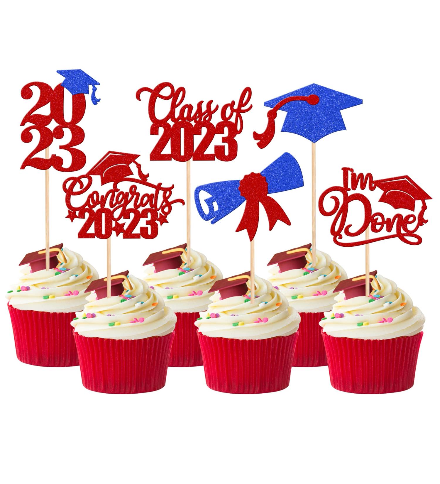 Pack of 24 2023 Graduation Cake Decorations Glitter Class of 2023 Graduation Cupcake Toppers Diploma Grad Cap Done Congrats Graduation Cake Decoration 2023 Graduation Theme Party Cake Decorations Blue New Red New - Buy Online on GoSupps.com