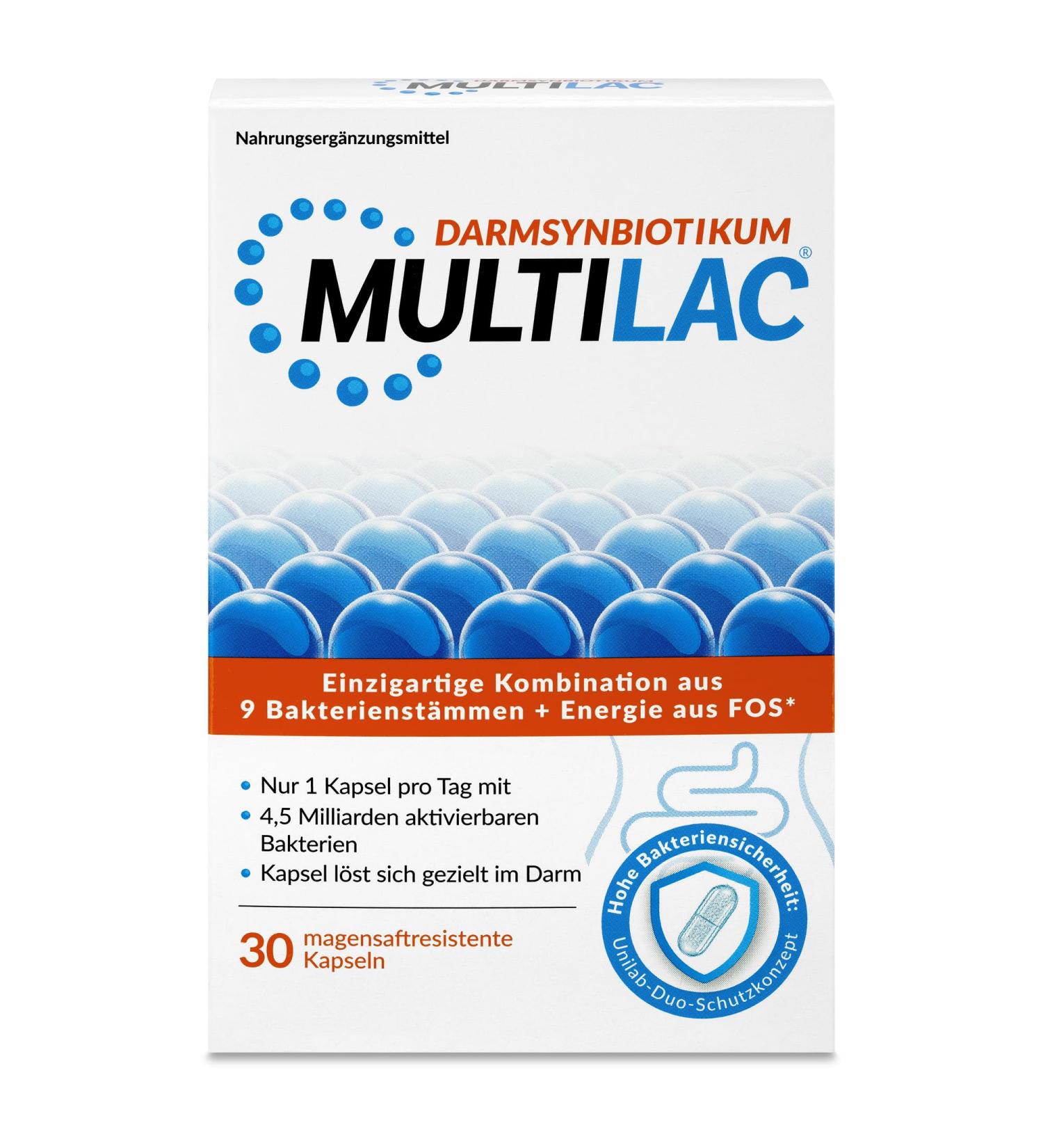 Multilac Synbiotic - 30 Vegan Capsules for Intestinal Health & Strong Immune System | 9 Bacterial Strains & Fructoligosaccharides - Buy Online on GoSupps.com