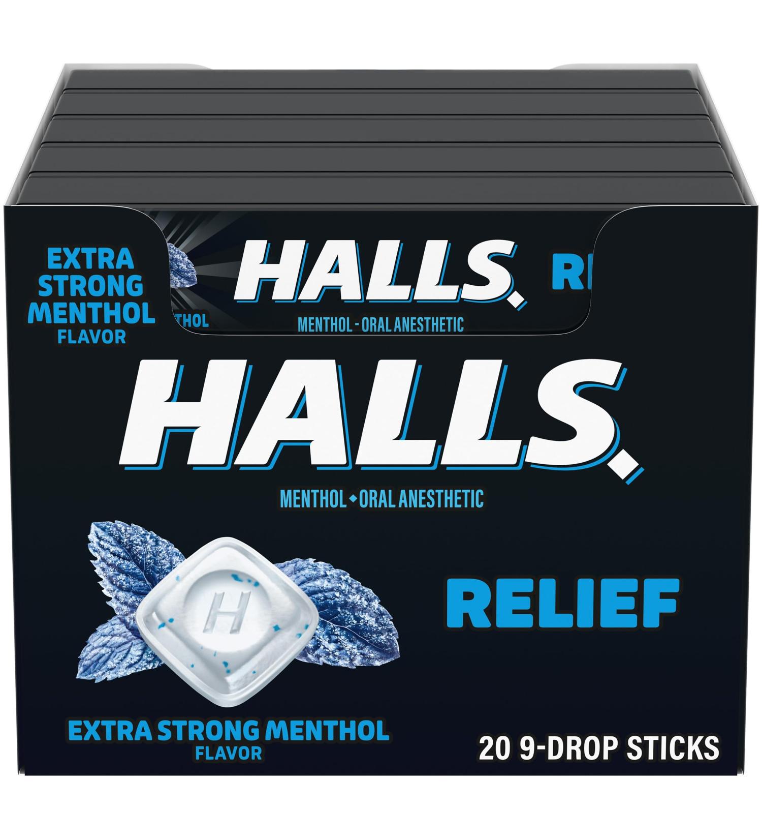 Halls Cough and Throat Relief Extra Strong Menthol Cough Drops 20 Sticks of 9 (180 Total Drops) - Buy Online on GoSupps.com