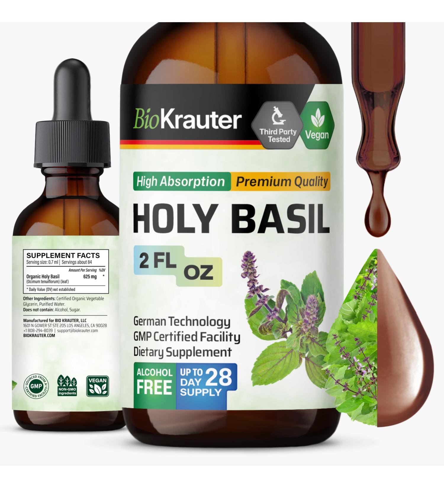 BIO KRAUTER Holy Basil Tincture - Tulsi Powder Liquid Extract - Supports Calmness and Relaxation - Ursolic Acid Supplement - Alcohol and Sugar Free - Vegan Drops 2 Fl.Oz. 2 Fl Oz (Pack of 1) - Buy Online on GoSupps.com