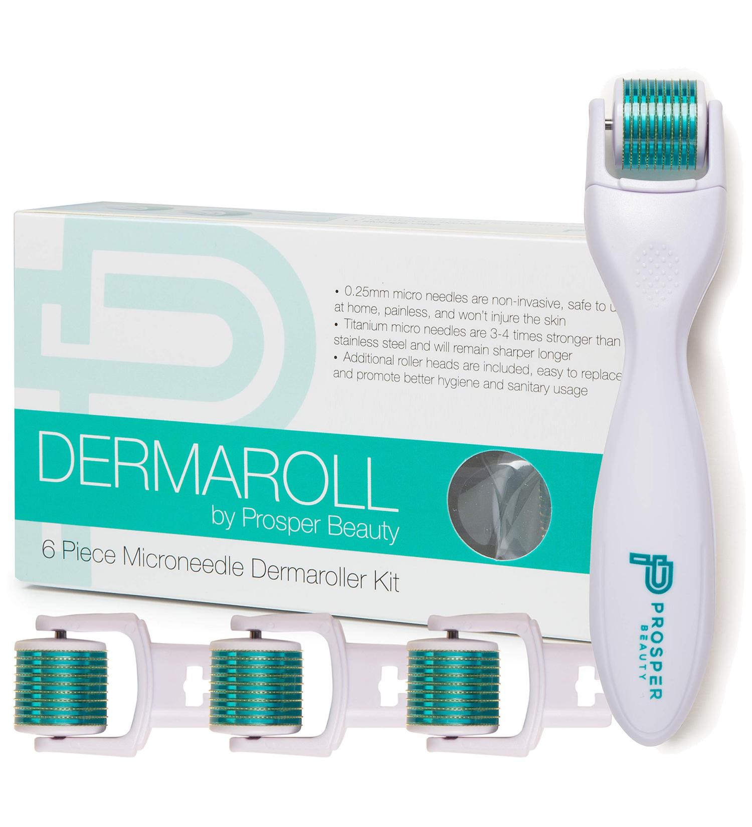 Derma Roller Microneedle 6 Piece Kit - DERMAROLL by Prosper Beauty | Face Roller with 4 Heads for Exfoliation & Microdermabrasion - Skin Care Tool for Dermaplaning & Microneedling - Buy Online on GoSupps.com
