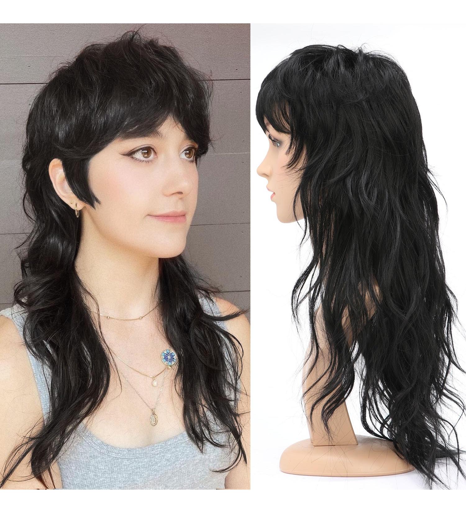 BESUTNG 80s 90s Mullet Wig for Black Women - 22 inch Long Black Synthetic Split Wig with Bangs and Fringe for Cosplay - Buy Online on GoSupps.com