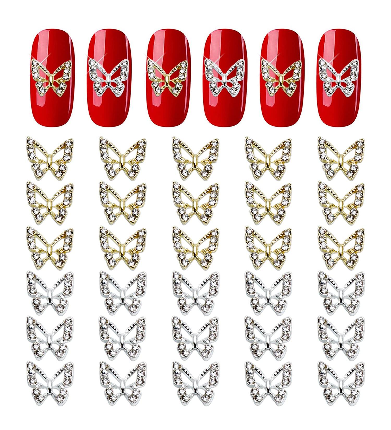JERCLITY 30-Piece 3D Gold & Silver Butterfly Nail Charms with Clear Rhinestones - Metal Butterfly Nail Studs & Jewels for Nails - Buy Online on GoSupps.com