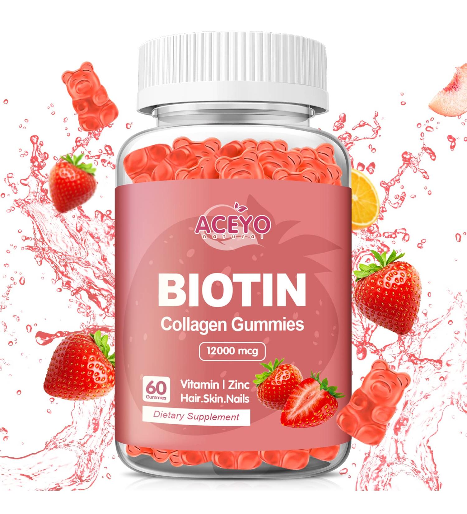ACEYO Organic Biotin Collagen Gummies 12000mcg for Hair Growth with Zinc Women Men Skin and Nails Care Supplements Vitamins Vegan Strawberry Flavor 1 Pack - Buy Online on GoSupps.com