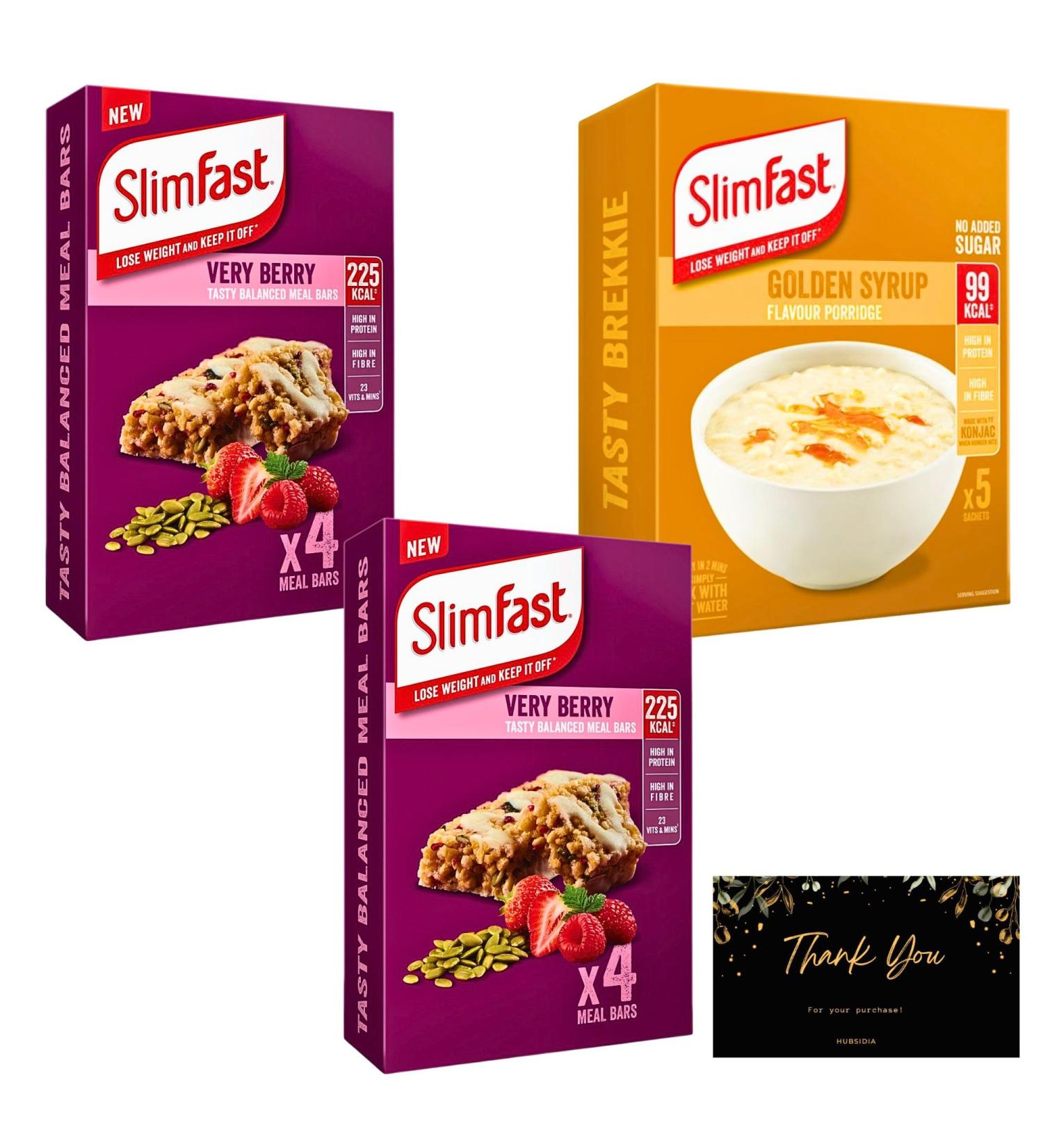 Slimfast Meal Replacement for Weight Loss Bundle with 1 x Slimfast Porridge Golden Syrup and 2 x Slim Fast Very Berry Meal Bars - Buy Online on GoSupps.com
