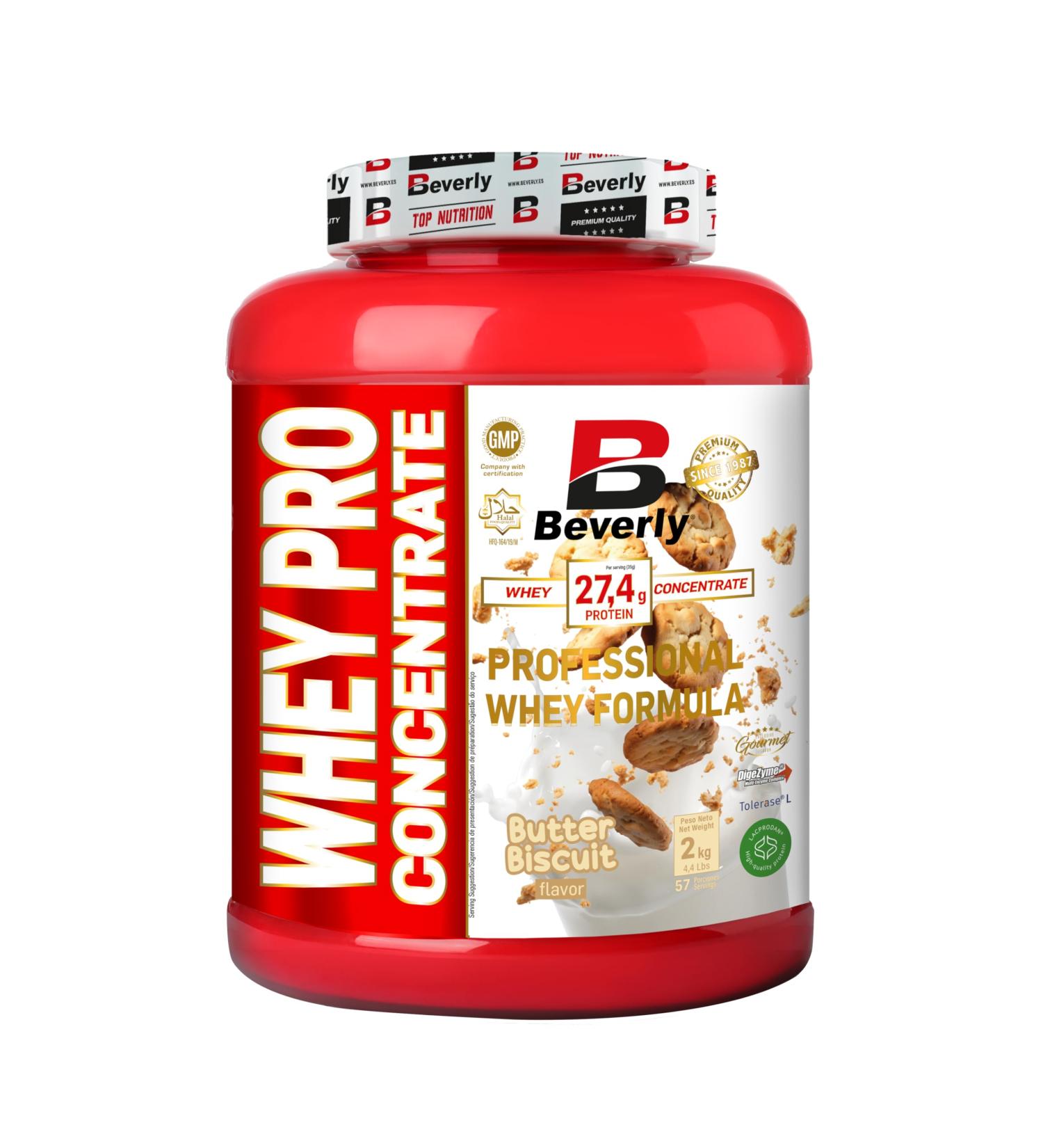 Beverly Whey Pro - Concentr de prot ines de lactos rum - 2 kg - 28 g de prot ines par portion - 58 portions - Tonifie et augmente la masse musculaire (2 KG BISCUIT BEURR ) BISCUIT BEURR 2 KG - Buy Online on GoSupps.com