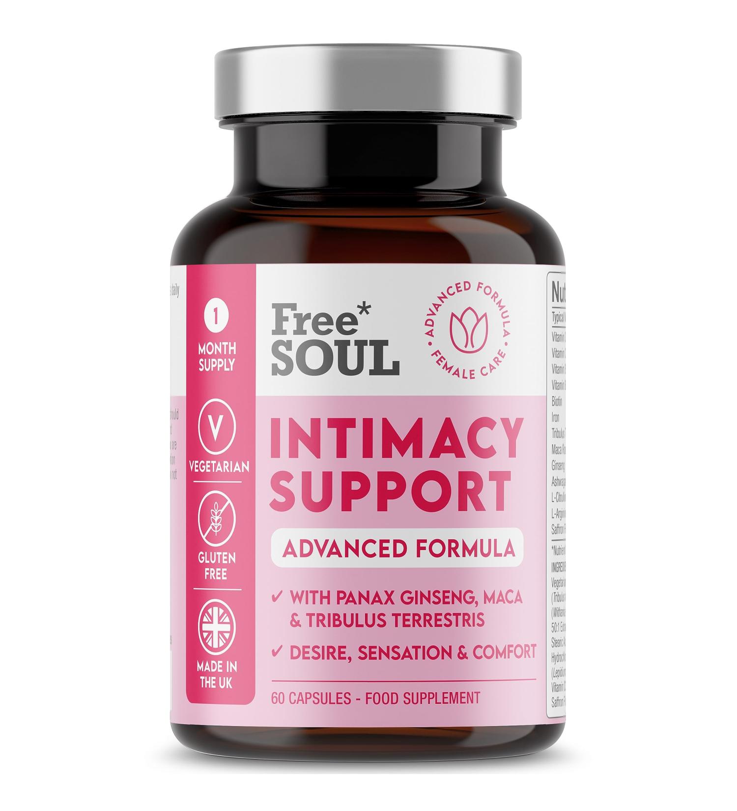 Intimacy Support for Women - Natural Booster with Tribulus Terrestris, Ashwagandha, Maca & Ginseng - Vegan, Gluten Free - 1 Month Supply - Made in UK by Free Soul - Buy Online on GoSupps.com