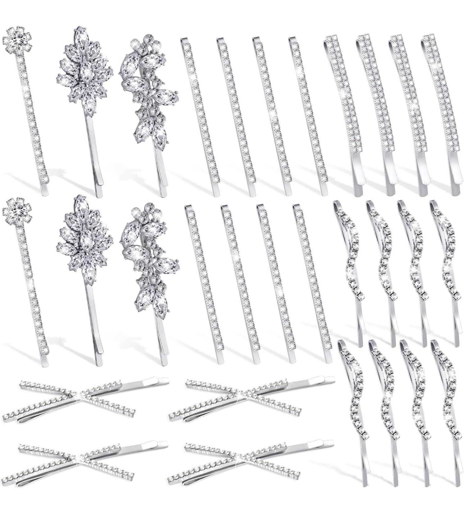 28-Piece Assorted Silver Rhinestone Hair Clips & Bobby Pins for Women - Elegant Wedding Hair Accessories - Crystal Hair Barrettes in 7 Styles - Buy Online on GoSupps.com