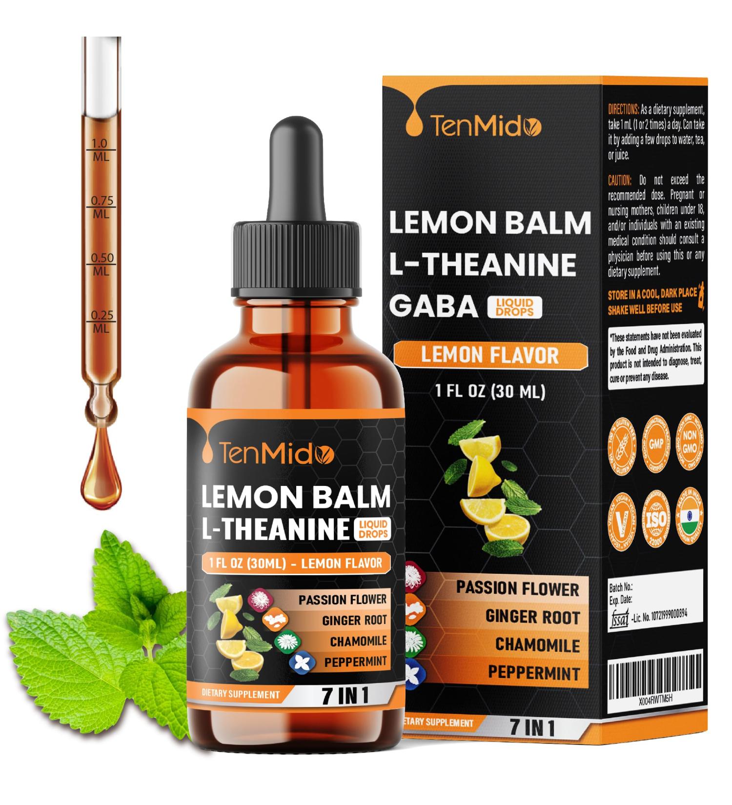 Tenmido 7in1 Lemon Balm Tincture - Herbal Extract Liquid Supplements with GABA L-Theanine Ginger Passion Flower Chamomile and Peppermint - 30ml 1 Fl OZ - Buy Online on GoSupps.com