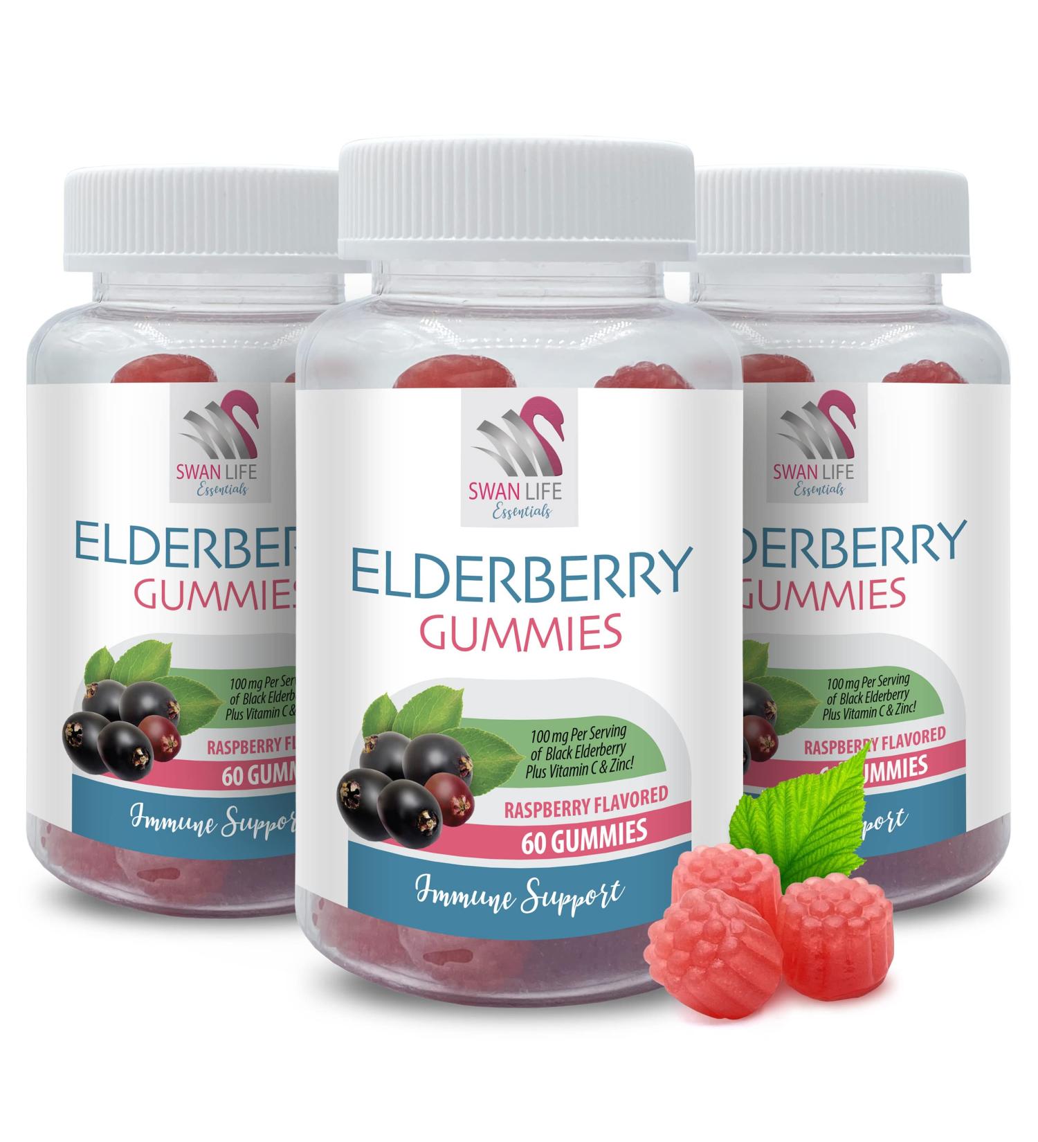Delicious Raspberry Flavor - Elderberry Gummies - Natural Immune System Support - Gluten-Free Vegan - Non-GMO Soy-Free Black Elderberry with Vitamin C Natural Antioxidants 3 Bot 180 Gummies - Buy Online on GoSupps.com