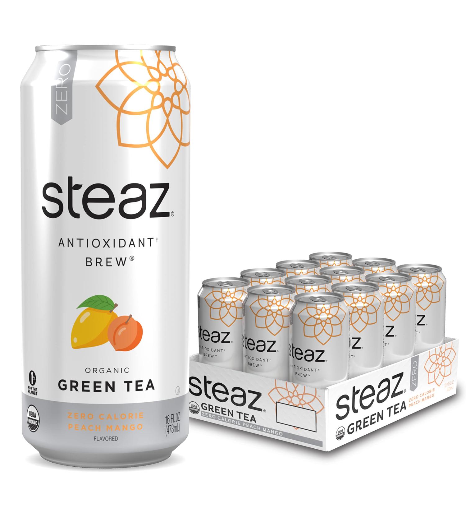 Steaz Organic Iced Green Tea 16 oz (Pack of 12) - Zero Calorie Peach Mango Flavor - Buy Online on GoSupps.com