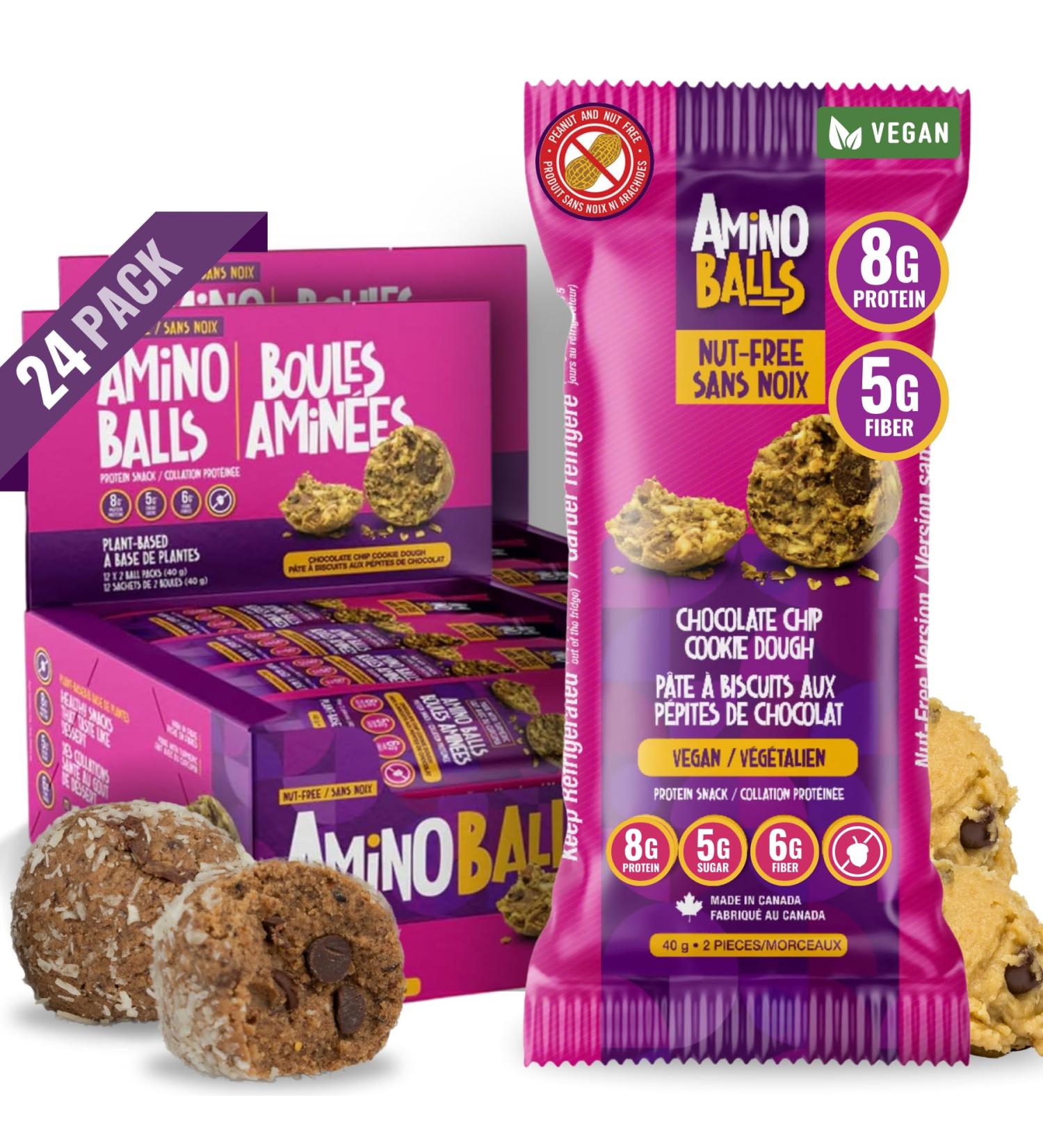 Amino Balls High Protein Balls Chocolate Chip Cookie Dough | 12pcs (2 Box) | Nut Free Plant Based Vegan Protein Snacks | Perfect for On-the-Go Energy and Satisfying Cravings without the Guilt Chocolate Chip Cookie Dough 2 Boxes (12 each) - Buy Online on GoSupps.com