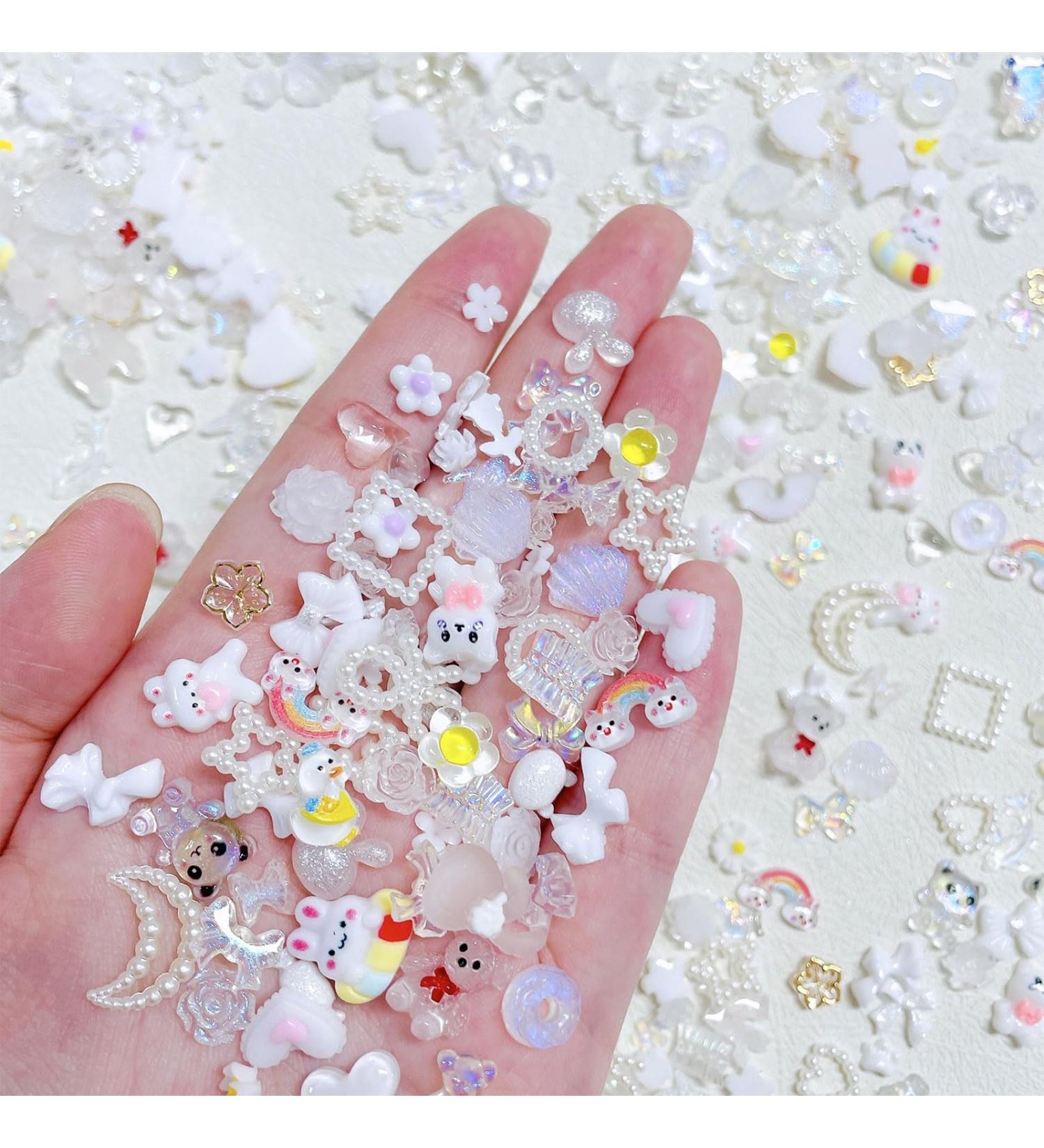 3D Nail Charms 200 Pcs Flower Bow Heart Bear Nail Art Charms Nail Rhinestones Cute Shell Rabbit Nail Art Decorations for Women Girls Nail Design DIY Craft Jewelry Making (White A) - Buy Online on GoSupps.com