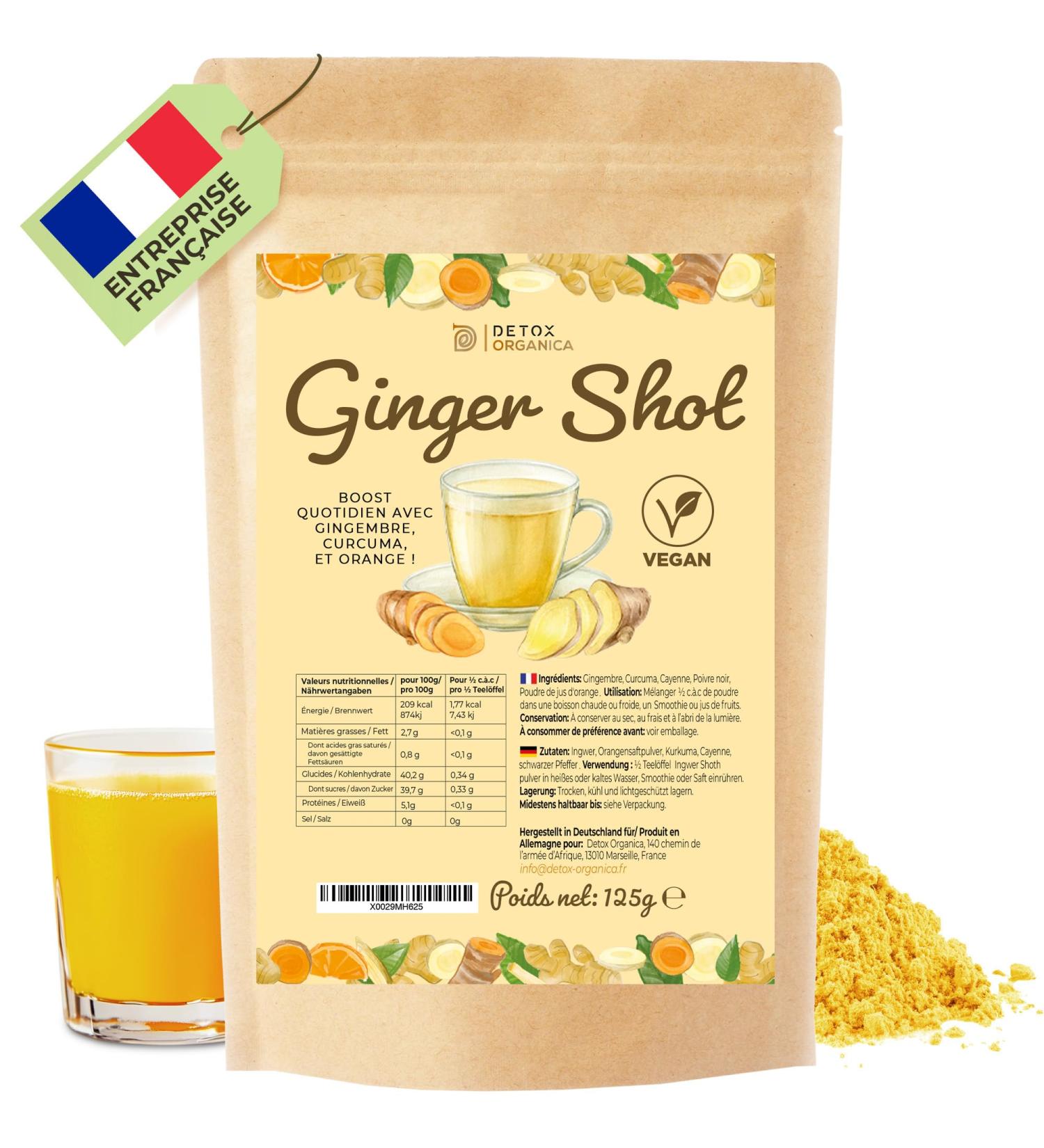 DETOX ORGANICA Ginger Shot - Jusqu' 160 shots de Jus de Gingembre et Curcuma- Booster et Detox - 125g Pr paration en poudre pour pour th infusion et jus - M lange pour Shot gingembre 125 g (Lot de 1) - Buy Online on GoSupps.com