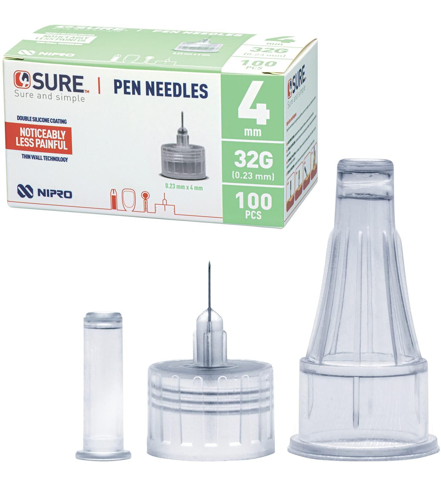 Nipro 4SURE Diabetes Testing Kit - 100 pcs Insulin Pen Needles 32G 4mm, Sterile Single-Use, Ultra Sharp Tip & Thin Wall Technology - Buy Online on GoSupps.com