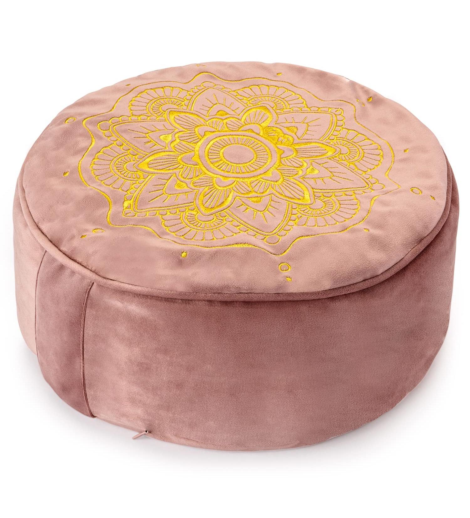Traditional Tibetan Zafu Meditation Cushion - Soft Velvet with Embroidery - Rose Quartz - Buy Online on GoSupps.com