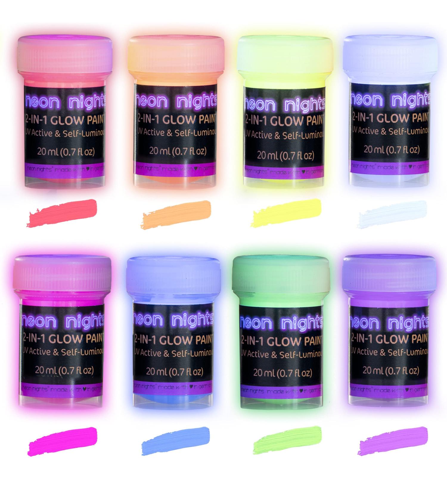 neon nights Glow in The Dark Paint Set - 8 Pack UV Acrylic Paints - Self Luminous 20mL for Halloween & Holiday Decor - Blacklight Activated - Buy Online on GoSupps.com