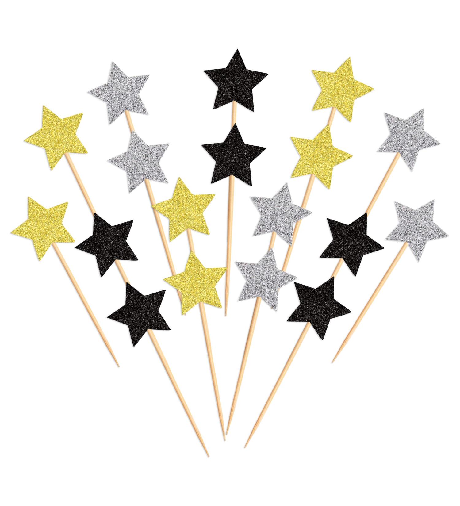 120 Pcs Star Cupcake Toppers Happy New Year Glitter Black Gold and Silver Star Cake Topper Picks Toothpick Toppers New Year Photo Props for New Year Party Supplies (Star) - Buy Online on GoSupps.com