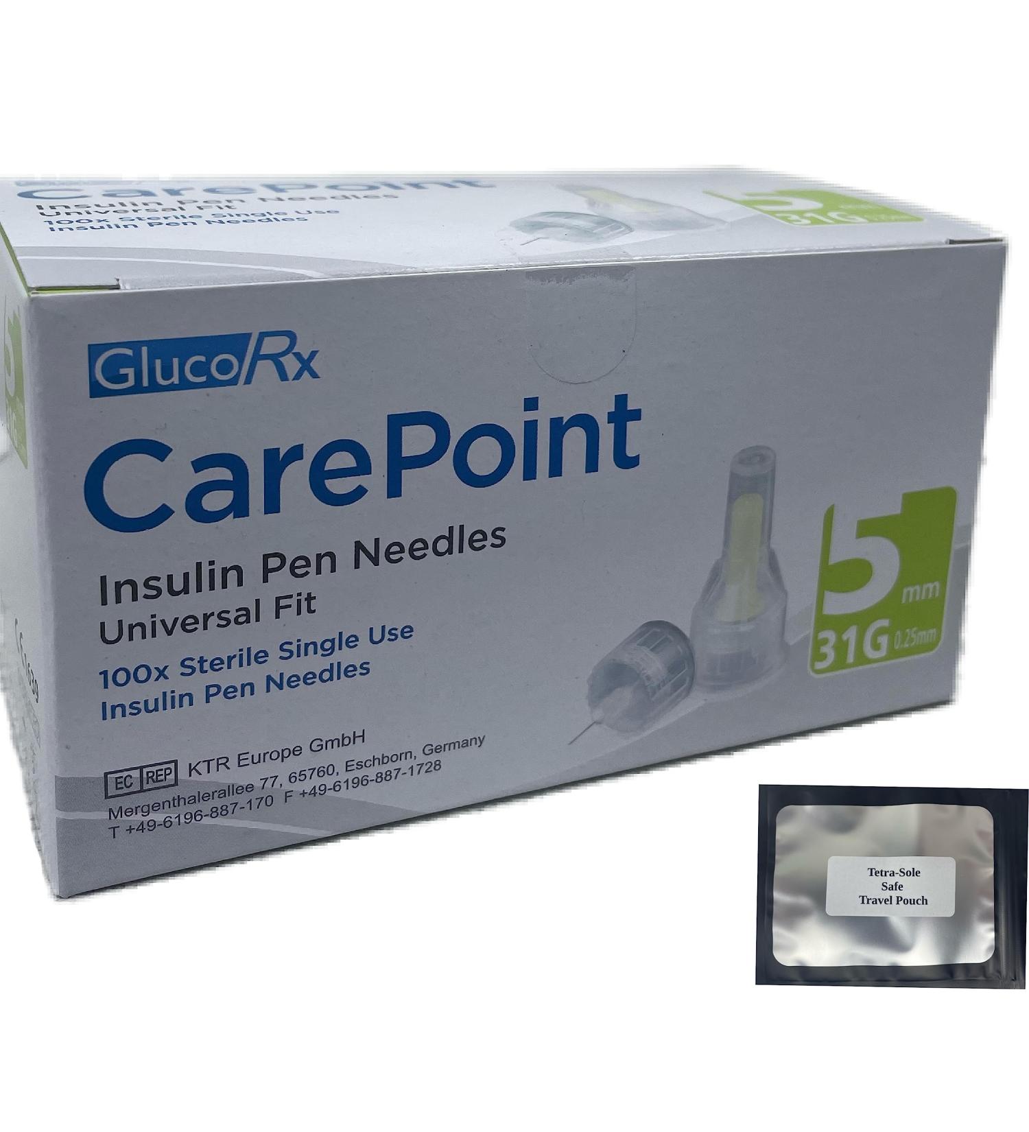 Glucorx Carepoint Diabetic Insulin Pen Tips 4mmx31G 5mmx31G 6mmx31G 8mmx31G 12mmx29G + FREE Tetra-Sole Travel Pouch (5mm 31G)