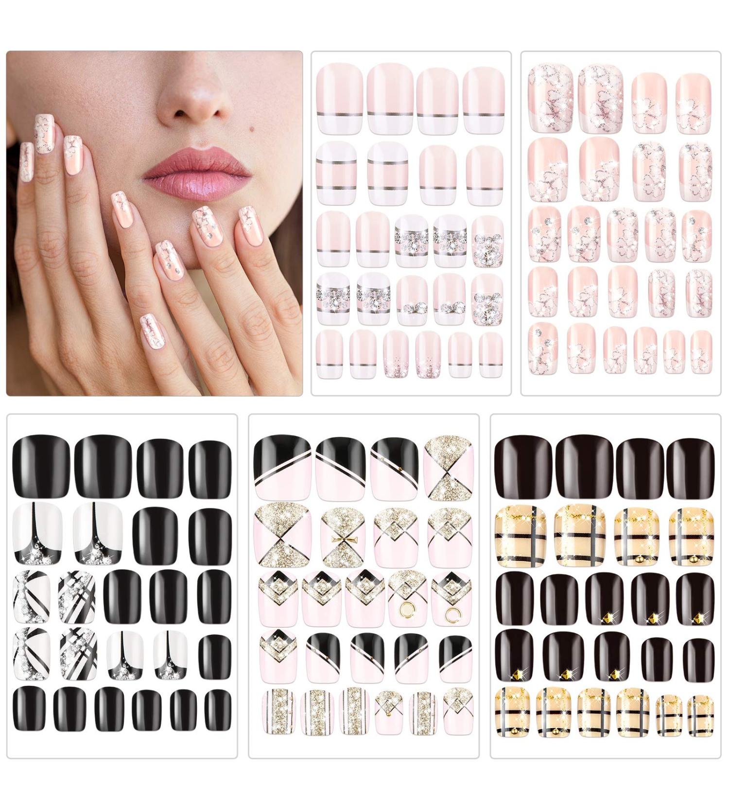 Maitys 120pc Short Square Rhinestone Flower Full Cover Press-On Nails - Glossy Acrylic Designs for Nail Salon & DIY Decoration - Women/Girls - Buy Online on GoSupps.com