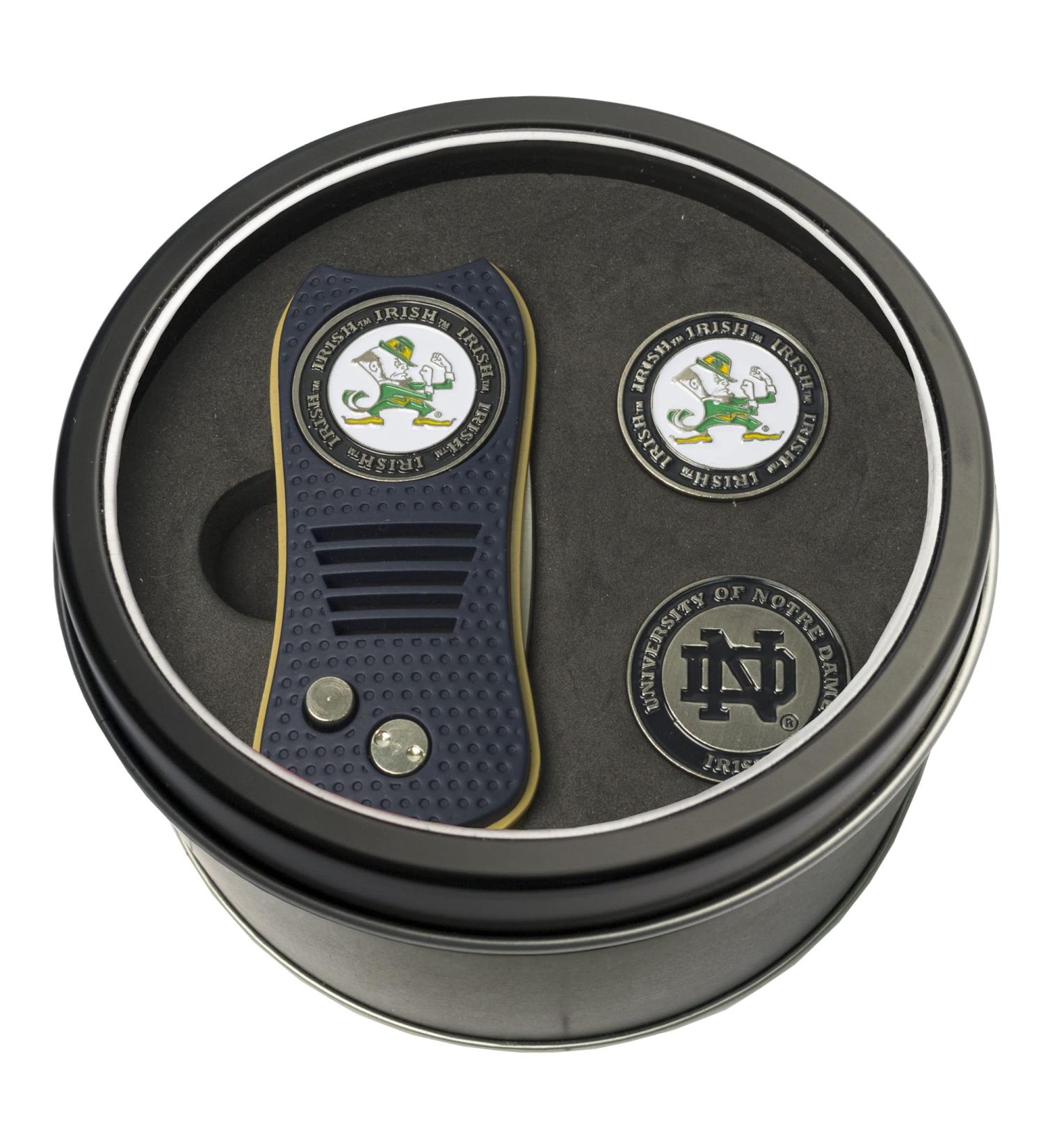 Team Golf NCAA Notre Dame Fighting Irish Gift Set Switchblade Divot Tool with 3 Double-Sided Magnetic Ball Markers, Patented Single Prong Design, Causes Less Damage to Greens, Switchblade Mechanism